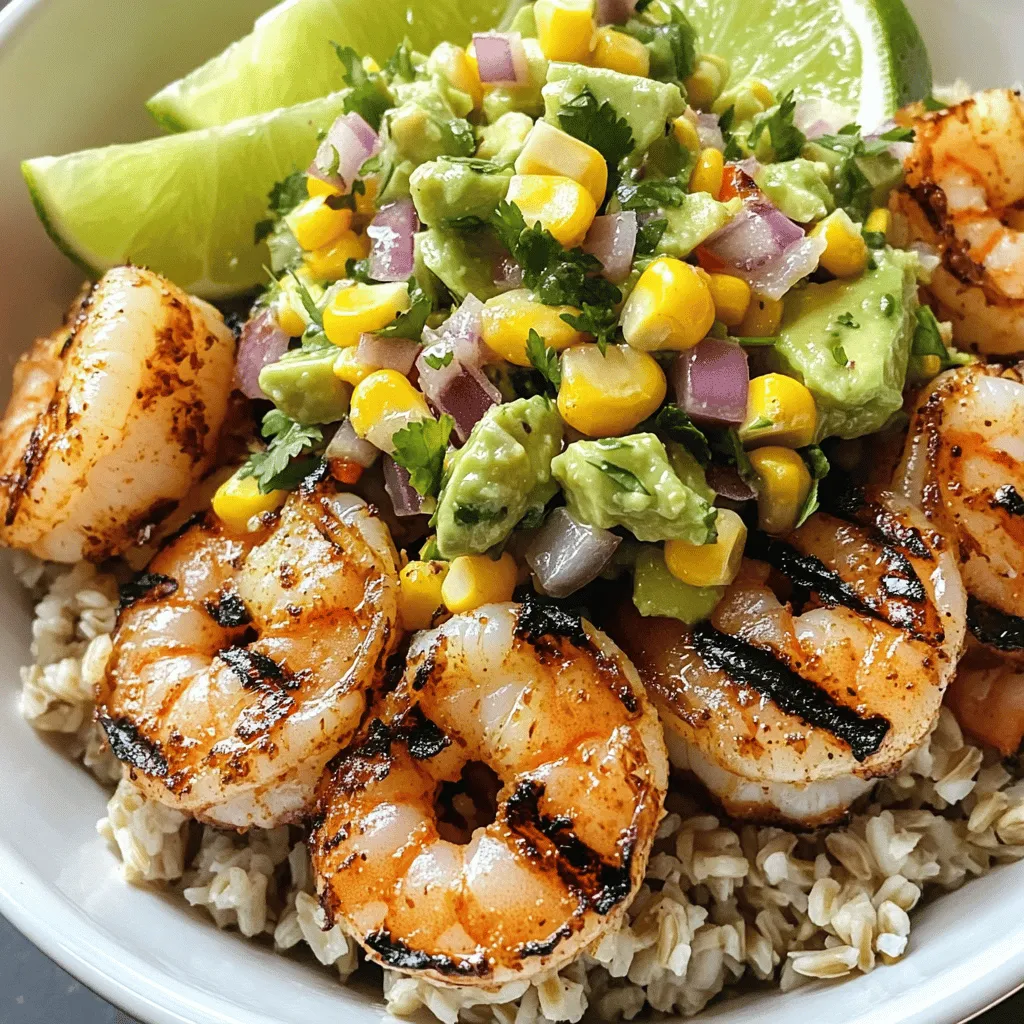 - 1 lb large shrimp, peeled and deveined - 2 cups cooked brown rice or quinoa - 2 tablespoons olive oil - 2 teaspoons smoked paprika - Juice of 1 lime - 1 avocado, diced - 1 cup sweet corn, canned or freshly cooked - 1/2 red onion, finely chopped To create the best Grilled Shrimp Bowl with Avocado Corn Salsa, gather all these ingredients. Fresh shrimp gives great flavor. Choose large shrimp for a hearty bite. Brown rice or quinoa serves as a healthy base. Both options add nutrition and texture. For seasoning, olive oil adds richness. Smoked paprika brings a lovely depth. Lime juice brightens the dish and adds zest. Use fresh lime for the best taste. The salsa is a great mix of flavors. Avocado adds creaminess, while sweet corn gives a nice crunch. Red onion adds a sharp bite. Together, they create a fresh topping for your shrimp bowl. This recipe is all about balance. Bright, fresh flavors complement the grilled shrimp. You can find the full recipe above for easy cooking. First, let's make the shrimp marinade. In a bowl, mix together: - 2 tablespoons olive oil - 2 teaspoons smoked paprika - 1 teaspoon garlic powder - Salt and pepper to taste Add the shrimp to the bowl and toss until they are well coated. Let them marinate for 15 to 20 minutes. This step adds great flavor to the shrimp. Now, if you don’t have cooked rice or quinoa, prepare them according to the package instructions. Both options work well for this dish. Set your cooked grains aside for later. Next, it's time to make the avocado corn salsa. In a separate bowl, combine: - 1 avocado, diced - 1 cup sweet corn, canned or freshly cooked - 1/2 red onion, finely chopped - 1 small jalapeño, seeded and minced - 1/4 cup fresh cilantro, chopped - Juice of 1 lime Gently fold these ingredients together. This salsa adds freshness and texture to your bowl. Now, let’s grill the shrimp. Preheat your grill or grill pan over medium-high heat. If you're using wooden skewers, soak them in water for 30 minutes to avoid burning. Thread the marinated shrimp onto the skewers. Grill the shrimp for about 2 to 3 minutes on each side. They should turn pink and be cooked through. Remove them from heat when done. To assemble the bowls, start with a layer of your cooked rice or quinoa at the bottom. Top it with the grilled shrimp. Finally, add a generous scoop of the avocado corn salsa on top. This layering makes for a beautiful and tasty dish. Enjoy your Grilled Shrimp Bowl with Avocado Corn Salsa! For more detailed steps, check the Full Recipe. To avoid overcooking shrimp, watch the timing closely. Shrimp cook fast. Aim for 2-3 minutes per side on the grill. They should turn pink and opaque when done. If you cook them too long, they turn rubbery. For the best grilling methods, preheat your grill to medium-high heat. If using skewers, soak wooden ones in water for 30 minutes first. This step prevents burning. Always make sure the grill is hot before adding shrimp. This helps create a nice char. Choosing ripe avocados is key. Look for avocados that yield slightly when you press them. They should not feel mushy. If you find hard avocados, let them ripen at room temperature. Check them daily. When it comes to spice levels, adjust according to your taste. If you like heat, add more jalapeño. For a milder salsa, use less. You can also remove the seeds from the jalapeño for less heat. Taste the salsa as you mix it. This way, you can find the perfect balance. For recommended side dishes, consider a simple green salad or grilled veggies. These sides pair well with the shrimp bowl. You could also serve tortilla chips for a crunchy option. When it comes to beverage pairings, a chilled white wine or a light beer works great. If you prefer non-alcoholic drinks, try a refreshing lemonade or iced tea. Each option enhances the meal and balances the flavors. For the full recipe, check out the section above. {{image_2}} You can change the shrimp for chicken or tofu if you want. Chicken thighs work great. Just marinate them like the shrimp. Tofu is a nice choice too. Use firm tofu, and press it to remove extra water. You can cut it into cubes and marinate just like the shrimp. If you want to mix seafood, try scallops or fish. Salmon or cod will add different flavors. They also grill well and taste great with the salsa. To make the dish even more tasty, add spices or herbs. You could use cumin or cayenne for some heat. Fresh herbs like basil or dill give a nice twist. You can also add toppings like sliced radishes or crumbled feta cheese. These add crunch or creaminess and make the bowl more fun. If you need gluten-free options, this recipe is safe! All the ingredients are naturally gluten-free. Just check any packaged items like broth or sauces to be sure. For vegan adaptations, skip the shrimp and use mushrooms. Portobello mushrooms are a great choice. They have a hearty texture and soak up flavor well. You can still enjoy the avocado corn salsa, which is already vegan. For the full recipe, check out the detailed steps above. To store your leftover Grilled Shrimp Bowl with Avocado Corn Salsa, place it in an airtight container. Make sure to let the dish cool down before sealing it. This helps keep your shrimp and salsa fresh. In the fridge, your bowl stays good for about 2 to 3 days. After that, the shrimp can lose its texture, and the salsa may brown. If you want to keep the shrimp and salsa longer, freezing is a great option. For the shrimp, lay them flat on a baking sheet and freeze for about 1 hour. After freezing, transfer them to a freezer-safe bag. This way, they won’t stick together. For the salsa, you can freeze it too, but note that the avocado may change in texture. When you're ready to eat, thaw the shrimp and salsa in the fridge overnight. Reheat the shrimp in a pan over low heat until warm. Avoid reheating salsa, as it’s best fresh. For the full recipe, check out the Grilled Shrimp Bowl with Avocado Corn Salsa. I recommend marinating the shrimp for 15 to 20 minutes. This time allows the shrimp to soak up all the tasty flavors from the marinade. Be careful not to marinate too long, as shrimp can become tough. Yes, you can make the salsa ahead of time. However, I suggest serving it fresh for the best taste. If you prepare it early, store it in an airtight container. This helps keep the avocado from browning. Use it within a few hours for the best flavor. I love serving this dish with a side of grilled vegetables or a simple salad. You can also pair it with a refreshing drink, like iced tea or lemonade. These sides complement the shrimp and salsa well. Absolutely! This recipe works great for meal prep. You can cook the shrimp and make the salsa in advance. Store them separately in the fridge. This way, you can easily grab a bowl for lunch or dinner during the week. This blog post covers a tasty grilled shrimp bowl with fresh avocado corn salsa. You learned about the main ingredients, easy steps to prepare, and helpful tips for perfect grilling. You can adapt the recipe with different proteins and flavors, while also considering storage and meal prep options. Enjoy making this dish for yourself or a gathering. It’s healthy, simple, and delicious, fitting any occasion. Dive into your kitchen and have fun!