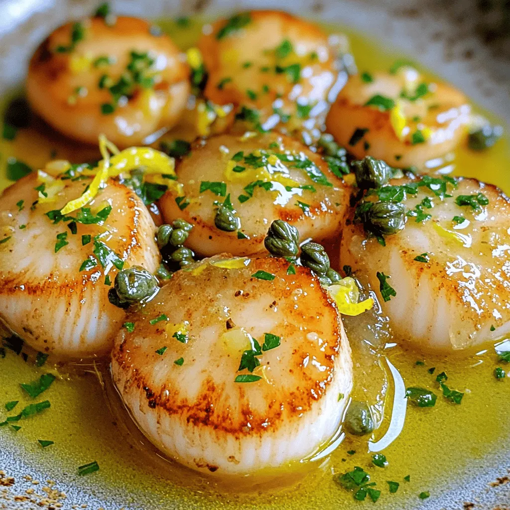 To make Pan Seared Scallops with Lemon Caper Sauce, you need the following items: - 1 lb scallops (preferably dry-packed) - 2 tablespoons olive oil - 1 tablespoon unsalted butter - Salt and freshly cracked black pepper, to taste - 2 tablespoons capers, rinsed and drained - 2 cloves garlic, minced - Zest of 1 lemon - 3 tablespoons fresh lemon juice - 2 tablespoons fresh parsley, chopped (for garnish) You can swap some ingredients if needed: - Use ghee instead of unsalted butter for a dairy-free option. - Instead of capers, try using chopped green olives for a different flavor. - If you don’t have fresh parsley, basil works well too. - Lemon juice from a bottle can replace fresh lemon juice, but fresh is best. When buying scallops, freshness is key. Here’s what to look for: - Choose dry-packed scallops; they are less watery and have better flavor. - Check for a sweet smell; fresh scallops should not smell fishy. - Look for a creamy white color; avoid any with dark spots or browning. - Ask your fishmonger about the catch date; the fresher, the better. To start, you need to prepare your scallops. First, pat them dry with paper towels. This step is key for a good sear. Wet scallops won’t brown well. Next, season both sides with salt and pepper. This simple seasoning enhances their natural flavor. For cooking, heat olive oil in a large skillet over medium-high heat. You want the oil to shimmer but not smoke. Once ready, carefully add the scallops. Make sure to leave space between them. This ensures they sear rather than steam. Sear for about 2-3 minutes without moving them. You'll know they are ready to flip when they release easily from the pan. After flipping, add unsalted butter to the pan. Cook for another 2-3 minutes, until the scallops are opaque and firm. Remove them from the pan and keep them warm on a plate while you make the sauce. In the same skillet, lower the heat to medium. Add minced garlic and sauté for about 30 seconds. You want it fragrant but not burnt. Then, toss in the rinsed capers, lemon zest, and fresh lemon juice. Stir well and let it cook for about a minute. This step melds the bright flavors together. Return the scallops to the skillet, swirling them gently in the sauce. This coats each scallop with that zesty goodness. Once well mixed, remove the pan from heat. Serve the scallops hot, drizzled with the lemon caper sauce, and sprinkle fresh parsley on top for a beautiful finish. For the full recipe, check the previous section. To get a perfect sear on your scallops, start with dry-packed scallops. Dry scallops have less moisture, leading to a better crust. Pat them dry with paper towels. This removes extra water. Season them well with salt and pepper. Heat your pan until it’s very hot. Use olive oil, and let it shimmer. Place the scallops in the pan, leaving space between them. Don’t move them around for 2-3 minutes. This helps form a golden crust. Flip them gently, then add butter for extra rich flavor. Cook for another 2-3 minutes until they are opaque. Pair your scallops with sides that enhance their flavor. Here are some great options: - Garlic Mashed Potatoes: Creamy potatoes balance the dish. - Sautéed Spinach: Adds a fresh touch and vibrant color. - Roasted Asparagus: The crunch complements the soft scallops. - Quinoa Salad: A light, nutty side that adds texture. These sides work well with the lemon caper sauce, bringing a lovely balance to your meal. Avoid these common mistakes when cooking scallops: - Overcrowding the Pan: This lowers the temperature and prevents browning. - Not Drying Scallops: Moisture will cause steaming instead of searing. - Flipping Too Soon: Let them cook until a crust forms before flipping. - Using Too Low Heat: Low heat can lead to rubbery scallops. Following these tips will help you achieve a delicious dish that impresses everyone. For the complete recipe, check the Full Recipe section. {{image_2}} You can change up the sauce to make your scallops unique. A creamy garlic sauce adds richness. You can also try a spicy mango salsa for a fruity twist. Consider a white wine reduction for a touch of elegance. Each sauce pairs well with the sweet flavor of scallops. Not a fan of scallops? You can use shrimp, lobster, or even fish fillets. Shrimp cooks fast, just like scallops. Lobster adds a rich taste, perfect for special meals. Fish fillets like halibut or tilapia work well too. Adjust cooking times based on the seafood you choose. Adding vegetables can enhance your meal. Sautéed asparagus or spinach adds color and nutrition. Roasted cherry tomatoes bring sweetness and a pop of flavor. You can also toss in some zucchini noodles for a fun twist. These veggies create a balanced plate and make your dish even better. For the full recipe, check out the linked details. To store leftover scallops, let them cool first. Place them in an airtight container. Keep them in the fridge. They will stay fresh for up to two days. If they smell off, throw them away. To reheat scallops, use a skillet. Heat it over medium-low heat. Add a bit of olive oil or butter. Once hot, add the scallops. Cook for about 2 minutes on each side. This keeps them moist. You can also use a microwave. Place them on a microwave-safe plate. Heat for 30 seconds, then check. Repeat if needed, but be careful not to overcook. Freezing scallops is a great option. Make sure they are fresh and dry first. Wrap them tightly in plastic wrap or foil. Place them in a freezer bag, removing as much air as possible. They can last up to three months in the freezer. When ready to use, thaw them in the fridge overnight. Do not refreeze thawed scallops. For the full recipe, check the cooking guide. You will know scallops are cooked when they turn opaque. They should feel firm yet slightly springy. Cook them for about 2-3 minutes per side. A golden crust means you nailed the sear! If you cut one open, it should be white inside, not translucent. Yes, you can use frozen scallops. However, make sure to thaw them first. Place them in the fridge overnight or run them under cold water. Pat them dry with paper towels before cooking. This step helps you achieve a good sear. The best side dish for scallops is a light salad or roasted vegetables. A simple arugula salad with lemon vinaigrette works great. You can also serve them with creamy mashed potatoes or risotto for a richer option. Try pairing scallops with something that balances their flavor, like a fresh veggie side. For more recipes, check the Full Recipe section. This post covers everything you need to know about scallops. We looked at ingredients, selections, cooking steps, and storage tips. Perfecting your scallop dish can impress anyone at your table. Remember, fresh ingredients and a good sear make all the difference. Don't overlook side dishes, as they enhance your meal. With these tips, you'll avoid common mistakes and enjoy great results. Try different sauces or substitute scallops with other seafood. Experiment and make this dish your own! Enjoy cooking and eating your scallops.