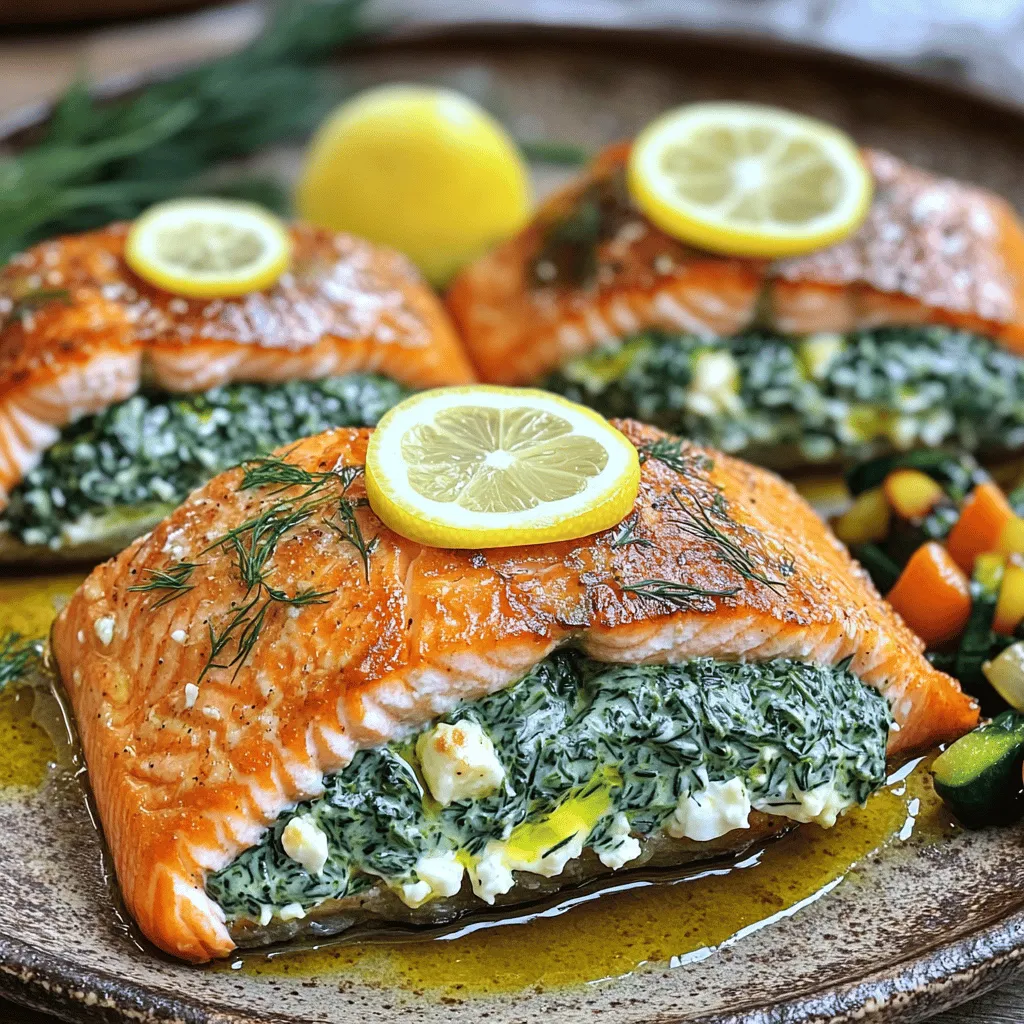 - 2 salmon fillets (6 oz each) - 1 cup fresh spinach, chopped - 1/2 cup cream cheese, softened - 1/4 cup feta cheese, crumbled - 2 cloves garlic, minced - 1 tablespoon lemon juice - 1 teaspoon dill weed - Salt and pepper to taste - 1 tablespoon olive oil - Fresh lemon slices, for garnish
