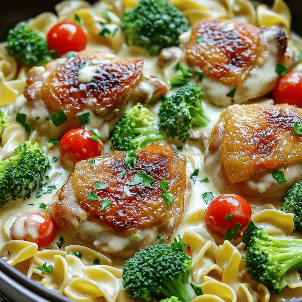 To make this one-pan chicken with buttered noodles, gather these key items: - 4 boneless, skinless chicken thighs - 8 oz egg noodles - 2 tablespoons olive oil - 3 cloves garlic, minced - 1 cup broccoli florets - 1 cup cherry tomatoes, halved - 1 teaspoon dried oregano - 1/2 cup heavy cream - 1/4 cup grated Parmesan cheese - 2 tablespoons unsalted butter - Salt and pepper to taste - Fresh parsley, chopped (for garnish)