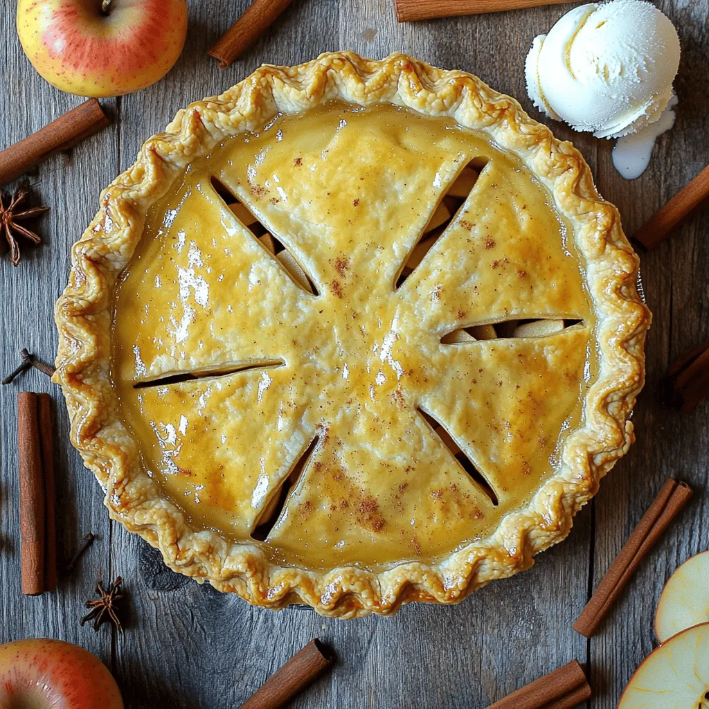 - Apples: Use 6 medium apples. I like Granny Smith and Honeycrisp. They balance tart and sweet flavors well. - Sweeteners and spices: You will need 3/4 cup granulated sugar, 1 teaspoon ground cinnamon, and 1/4 teaspoon ground nutmeg. These add warmth and sweetness. - Pie crust options: Buy a package of refrigerated pie crusts or make your own. Store-bought is easy, but homemade can taste better. - Additional ingredients for flavor: Don’t forget 2 tablespoons of lemon juice to brighten the taste. You’ll also need 1 tablespoon of all-purpose flour for thickening, 1 tablespoon of butter cut into small pieces, and a pinch of salt. An egg for the egg wash gives the crust a nice shine. This simple list covers everything you need for a classic apple pie. You can find the full recipe earlier in the article. To prepare apples for pie, start by peeling and slicing them. I like to use a mix of Granny Smith and Honeycrisp apples. Their blend of tart and sweet flavors creates a great taste. Aim for about six medium apples. Next, mix the filling components. In a large bowl, combine the sliced apples with 3/4 cup of granulated sugar, 1 teaspoon of ground cinnamon, and 1/4 teaspoon of ground nutmeg. Add 2 tablespoons of lemon juice and 1 tablespoon of flour to thicken the filling. Finally, sprinkle a pinch of salt. Toss everything until the apples are well coated. Let this mixture sit for about 15 minutes. This step helps the flavors mix well. Rolling out the crust is a key step. If you use refrigerated pie crusts, unroll one into a 9-inch pie dish. Press it gently, making sure it fits without stretching. If you want a homemade crust, roll it out on a floured surface until it’s about 1/8 inch thick. Now, let's layer the filling. Pour the apple mixture into the crust, spreading it evenly. Don't forget to dot the top with small pieces of butter for added richness. For the top crust, unroll the second pie crust over the filling. Cut slits in the top to let steam escape. If you're feeling creative, cut out fun shapes or make a lattice pattern. Setting the correct oven temperature is important. Preheat your oven to 425°F (220°C). This high heat helps the crust start to brown nicely. To know when the pie is done, look for a golden crust and bubbling filling. Bake for 15 minutes, then lower the heat to 350°F (175°C) and bake for another 35 to 45 minutes. The apples should be tender when you poke them with a fork. For the full recipe, check out the detailed instructions above. Enjoy making your classic apple pie! To make a flaky crust, keep your ingredients cold. Use chilled butter and ice water. This helps create layers that will puff up. When mixing, handle the dough gently. Overworking it can make it tough. If you find cracks in your crust, simply patch them with a small piece of dough. It's easy and will help your pie look nice. To make your apple pie pop, try adding a bit of vanilla extract. A teaspoon works well. You can also add more spices, like allspice or ginger, for a twist. When serving, consider a scoop of vanilla ice cream. It pairs perfectly with warm pie. You might also drizzle caramel sauce on top for extra sweetness. If your filling is too runny, mix in a bit more flour. This helps thicken it. You can also let the pie sit longer to set. If your crust browns too much, cover it with foil. This stops it from burning while the filling cooks. Remember, a little vigilance can save your pie! {{image_2}} You can change up your classic apple pie by using different fruits. Try pears for a mellow taste. Or use berries for a sweet twist. Mix apples with cranberries for a tart kick. You can even add peaches for a summer vibe. Spices also add a fun twist. Instead of just cinnamon, try adding cardamom or allspice. A hint of ginger can bring warmth. You might want to add some vanilla for a sweet aroma. Experiment to find your favorite blend. For a gluten-free crust, use almond flour or gluten-free mixes. You can also use oats to make a tasty crust. Just blend oats and oil to create a simple base. If you want a vegan pie, swap butter for coconut oil. You can replace the egg wash with almond milk. This makes your pie plant-based and just as yummy. When serving, consider adding a scoop of vanilla ice cream. This warm and cold combo is a classic favorite. You can also serve it with whipped cream for a light touch. Pair your pie with a hot cup of tea or coffee. A simple cinnamon tea can complement the flavors well. If you want a fun twist, try a spiced apple cider. Each drink offers a different way to enjoy your pie. For more ideas, check out the Full Recipe for classic apple pie tips. To keep your classic apple pie fresh, store it in the refrigerator. Here’s how: - Wrap it up: Use plastic wrap or aluminum foil. This keeps moisture in and prevents the crust from drying out. - Use a pie box: If you have one, a pie box works great. It protects the pie and keeps it fresh. If you want to save it for a longer time, freezing is a good option: - Cool first: Let the pie cool completely before freezing. This helps avoid ice crystals. - Wrap tightly: Use plastic wrap, then aluminum foil to seal it well. This keeps out air and freezer smells. - Label it: Write the date on the foil or wrap. This helps track how long it’s been in the freezer. Reheating your apple pie is easy. Here are the best ways to do it: - Oven method: Preheat your oven to 350°F (175°C). Place the pie on a baking sheet. Bake for about 15-20 minutes. This method keeps the crust crispy. - Microwave method: If you're in a rush, use the microwave. Heat a slice for about 30-45 seconds. This is quick but may make the crust soft. To refresh the crust, you can: - Add a little butter: Brush melted butter on top before reheating. It adds flavor and helps crisp the crust. - Cover with foil: If the crust browns too fast, cover it lightly with foil. This protects it while the filling heats up. Using these tips, your classic apple pie will remain delightful and tasty after storage! Apple pie lasts about 2 days at room temperature. Keep it in a cool, dry place. If you store it in the fridge, it can last up to 5 days. For longer storage, freeze the pie. It can last up to 6 months in the freezer. Just wrap it well to prevent freezer burn. Yes, you can make the pie ahead of time. You can prepare the filling and store it in the fridge for up to 24 hours. If you want to make the whole pie, bake it and let it cool. Then, cover it and store it in the fridge. When ready to serve, reheat it in the oven. The best apples for apple pie are Granny Smith and Honeycrisp. Granny Smith apples are tart and firm. They hold their shape well when baked. Honeycrisp apples are sweet and juicy, adding great flavor. Other good choices include Braeburn and Fuji apples. Mixing different apples can create a nice balance of flavor. Look for a golden-brown crust when baking. The filling should bubble up through the slits in the top crust. You can also check the apples. They should be tender but not mushy. If you insert a knife into the pie, it should slide in easily but still meet some resistance. To sum up, making the perfect apple pie starts with choosing the right ingredients, from apples to sweeteners. You prepare them carefully, assemble the pie thoughtfully, and bake at the right temp. Use tips for a flaky crust and great flavor enhancements. Don’t forget to explore variations, adapt ingredients, and store your leftovers properly. With each step, you can create a delicious pie that delights everyone. Enjoy this process and happy baking!