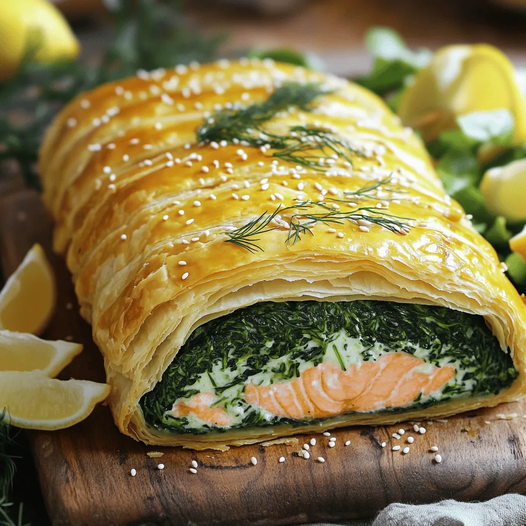 - 1 lb (450g) salmon fillet - 1 sheet of puff pastry (thawed) - 1 cup fresh spinach (chopped)