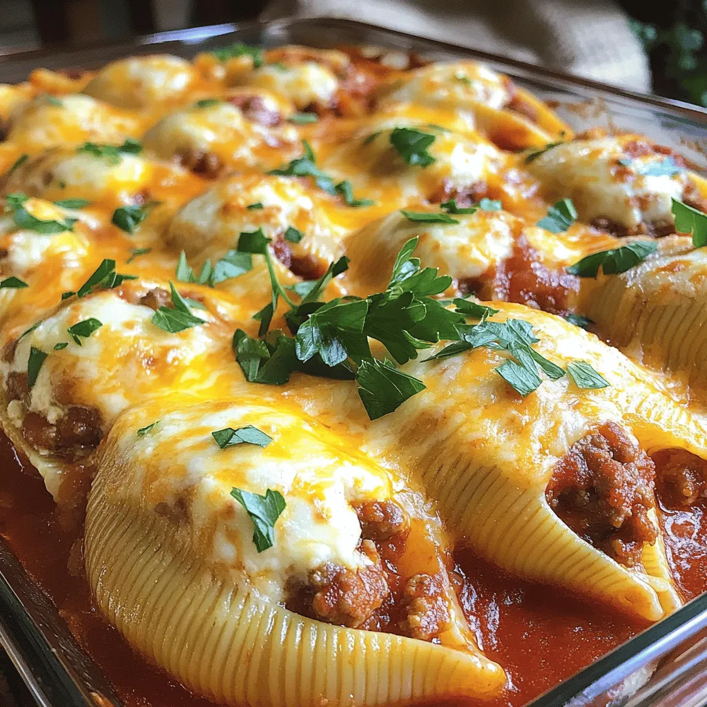 - 20 large pasta shells - 1 pound lean ground beef - 1/2 pound Italian sausage, casing removed - 1 jar (24 oz) marinara sauce (divided) - 1 cup ricotta cheese - 1 cup shredded mozzarella cheese (plus extra for topping) - 1/2 cup grated Parmesan cheese - 1 large egg - 2 cloves garlic, minced - 1 teaspoon dried oregano - 1 teaspoon dried basil - Salt and pepper to taste - Fresh parsley, chopped (for garnish)