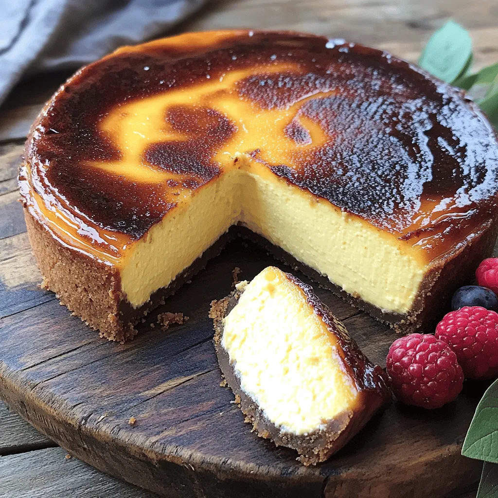 To make a great Burnt Basque cheesecake, you need simple ingredients. Here’s what you will use: - 2 cups cream cheese, softened - 1 cup heavy cream - 3/4 cup granulated sugar - 1/4 cup brown sugar - 3 large eggs - 1 teaspoon vanilla extract - 1 tablespoon all-purpose flour - 1/4 teaspoon salt