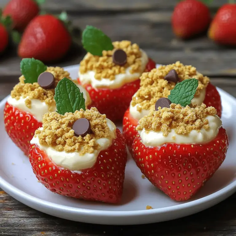 - 1 pound fresh strawberries (about 20-24 medium-sized): Choose ripe berries for the best flavor. - 8 oz cream cheese, softened: This forms the base of your creamy filling. - 1/3 cup powdered sugar: This adds just the right amount of sweetness. - 1 teaspoon vanilla extract: A splash of vanilla enhances the overall taste. - 1/4 cup sour cream: This gives a slight tang to balance the sweetness. - 1/2 cup crushed graham crackers (for topping): These add a crunchy texture and flavor. - Zest of 1 lemon (optional, for a refreshing twist): This brightens the filling nicely. - Mini chocolate chips or fresh mint leaves (for garnish, optional): They add a fun touch to your presentation.