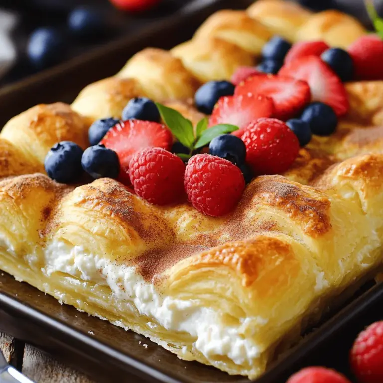 - 2 cans of crescent roll dough - 8 oz cream cheese, softened - 1/2 cup granulated sugar - 1/4 cup powdered sugar - 1 teaspoon vanilla extract - 2 large eggs - 1 cup sour cream - 1/4 teaspoon salt - 1 tablespoon lemon juice - 1 teaspoon cinnamon (optional) - Fresh berries for topping (strawberries, blueberries, or raspberries)