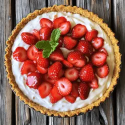 - 1 pre-made pie crust (9-inch, graham cracker or traditional) - 2 cups fresh strawberries, hulled and sliced - 1 cup heavy whipping cream - 1 cup cream cheese, softened - ½ cup powdered sugar