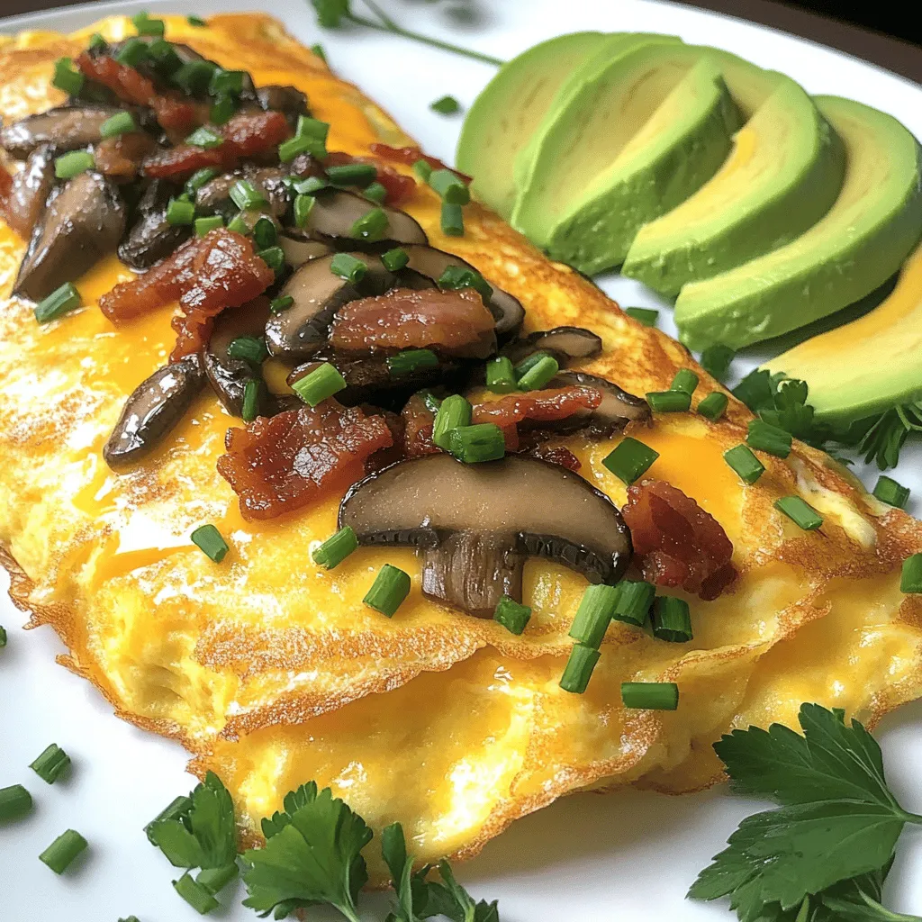 This keto bacon and mushroom omelette is quick and easy. You can whip it up in just 20 minutes. First, gather your ingredients. You need four eggs, chopped bacon, sliced mushrooms, cheese, heavy cream, olive oil or butter, salt, and pepper.