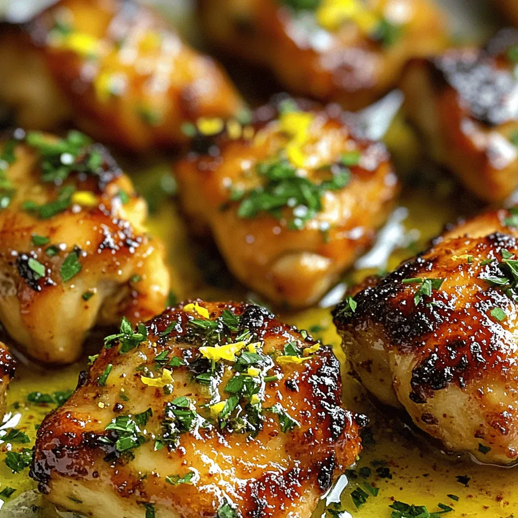 To make delicious garlic butter chicken bites, you'll need a few key items. Here’s what you should gather: - 1 pound chicken breast, cut into bite-sized pieces - 4 tablespoons unsalted butter - 6 cloves garlic, minced - 1 teaspoon dried Italian herbs (oregano, basil, thyme) - 1 teaspoon paprika - Salt and pepper to taste - Fresh parsley, chopped (for garnish) - Zest of 1 lemon These main ingredients create the base for your dish. The chicken serves as the star, while the garlic and butter add rich flavor. Want to take your garlic butter chicken bites to the next level? You can add some optional ingredients. Here are a few that work well: - Red pepper flakes for heat - Lemon juice for extra zest - Grated Parmesan cheese for a cheesy touch - Fresh herbs like thyme or rosemary for added depth These ingredients can give your dish a unique twist. Feel free to mix and match based on what you love! Before you start cooking, make sure you have the right tools. Here’s what you need: - Large skillet for cooking - Cutting board for prep - Sharp knife for cutting chicken - Mixing bowl for seasoning chicken - Spatula for stirring Having these tools ready will make the cooking process smooth. You’ll be set to create a perfect dish with ease. For the full recipe, check out the section above. First, take your chicken breast and cut it into bite-sized pieces. This helps them cook evenly. In a large bowl, season the chicken with salt, pepper, paprika, and dried Italian herbs. Make sure to toss well to coat each piece. This step adds great flavor. Next, heat your skillet over medium heat. Add the unsalted butter and let it melt. Once the butter melts, add the minced garlic. Sauté the garlic for about one minute. You want it fragrant but not brown. This step builds a rich base for your dish. Now, add the seasoned chicken to the skillet in a single layer. Cook for about 5 to 7 minutes. Stir occasionally to ensure even cooking. Your chicken should turn golden brown and reach an internal temperature of 165°F. For a burst of fresh flavor, add the lemon zest and a squeeze of lemon juice after cooking. Stir well and let it warm for another minute. This adds brightness to your dish that makes it special. Cooking time is crucial. Keep an eye on the chicken to avoid overcooking. Aim for that golden brown color, which signals it's ready to serve. Check out the Full Recipe for more details. To cook chicken just right, use a meat thermometer. Aim for 165°F inside. This keeps the meat juicy and safe to eat. Cut chicken into even pieces. This helps them cook evenly. Avoid overcrowding the pan. Cook in batches if needed. This gives each piece room to brown well. To boost flavor, use fresh herbs. Fresh parsley on top adds color and taste. You can also add more spices. Try a pinch of cayenne for heat or a dash of lemon juice for brightness. Zesting a lemon adds a fresh twist. Remember to taste as you cook. Adjust salt and pepper to your liking. Serve these bites with a side of rice or pasta. They also pair well with steamed veggies. A fresh salad makes a great side, too. Drizzle extra garlic butter sauce over everything for added flavor. You can even serve them in small bowls for dipping. For a fun twist, try them in tacos or wraps. Enjoy with friends or family for a delightful meal! {{image_2}} You can spice up your garlic butter chicken bites easily. Add some red pepper flakes for heat. Try using a spicy garlic sauce or sriracha in the butter. This will give your dish a nice kick. Adjust the amount to fit your taste. You can even use jalapeño peppers for a fresh twist. If you have dietary needs, there are great options. Use chicken thighs instead of chicken breast for more flavor. For a vegetarian option, swap chicken for firm tofu or mushrooms. You can also use vegan butter in place of regular butter. This keeps the dish rich without dairy. Boost the nutrition of your garlic butter chicken bites. Add veggies like bell peppers, broccoli, or spinach. These will add color and nutrients. You can toss in some cooked quinoa or brown rice to make it a full meal. This not only adds flavor but also fiber and protein. For the full recipe, check out the details above. Once you finish your meal, let the chicken cool down. Place the leftover Garlic Butter Chicken Bites in an airtight container. This keeps them fresh. Store them in the fridge for up to three days. Make sure to label the container with the date. When you're ready to eat, reheating is easy. You can use a skillet or microwave. In a skillet, heat on medium-low for 5 minutes. Stir often to keep them moist. In the microwave, place the bites in a bowl. Cover with a damp paper towel and heat for 1-2 minutes. Check that the chicken is hot throughout. If you want to save some for later, freezing is a great option. Place the cooled chicken bites in a freezer-safe bag. Remove as much air as possible before sealing. You can freeze them for up to three months. When you’re ready to eat, thaw in the fridge overnight. Then, reheat as mentioned above. This method keeps the flavor intact. Yes, you can use frozen chicken for Garlic Butter Chicken Bites. Just make sure to thaw the chicken first. You can do this safely in the fridge overnight. If you’re in a rush, place the chicken in a sealed bag and submerge it in cold water. Once thawed, pat it dry before seasoning. This helps the chicken cook evenly and absorb the flavors better. Many side dishes pair well with Garlic Butter Chicken Bites. Here are some great options: - Steamed broccoli: It adds a crunchy texture. - Garlic bread: Perfect for soaking up extra butter. - Rice or quinoa: These grains soak up the sauce well. - Mixed salad: A fresh salad adds a nice balance. These sides keep the meal light and tasty. To make Garlic Butter Chicken Bites gluten-free, check all your ingredients. Use gluten-free butter and ensure your spices are gluten-free. Most dried herbs and spices are safe, but always read the labels. Serve the chicken with gluten-free sides. This way, you can enjoy the dish without worry. Garlic Butter Chicken Bites are simple and tasty. We covered key steps, from ingredients to serving. I shared tips for cooking and storing leftovers. You can even try fun variations and address dietary needs. Experimenting with flavors makes this dish exciting. Enjoy every bite and make it your own. Happy cooking!