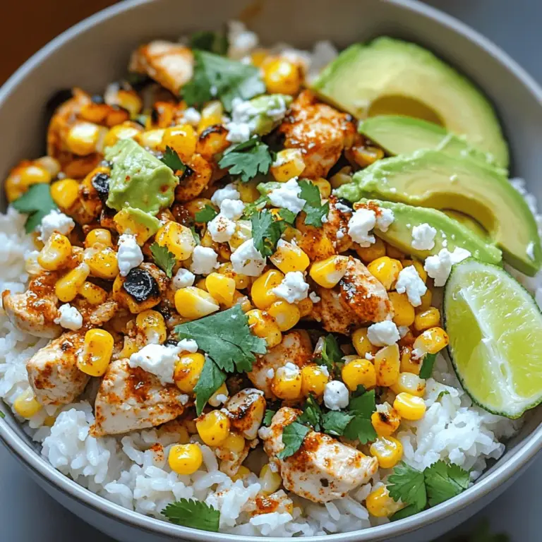- 1 cup jasmine rice - 2 cups water - 2 chicken breasts, diced - 1 tablespoon olive oil - 1 teaspoon chili powder - 1 teaspoon cumin - Salt and pepper to taste - 1 cup corn kernels (fresh or frozen) - 1/2 cup feta cheese, crumbled - 1 avocado, sliced - 1/4 cup cilantro, chopped - 1 lime, juiced - 1/4 cup mayonnaise - 1 tablespoon chili lime seasoning The Street Corn Chicken Rice Bowl is tasty and filling. Each ingredient plays a key role. The jasmine rice serves as a soft base. It absorbs flavors well and adds great texture. The chicken gives protein and heartiness to the dish. Seasoning the chicken with chili powder and cumin adds warmth and depth. Corn kernels bring sweetness and a pop of color. Whether fresh or frozen, they add a nice crunch. Feta cheese gives a creamy, salty kick. The avocado slices add richness and creaminess. Fresh cilantro brightens the bowl with its herbal notes. Lime juice gives a zesty finish that ties everything together. Mayonnaise mixed with chili lime seasoning creates a creamy sauce. This drizzle enhances the entire dish. The balance of flavors makes every bite satisfying. For the full recipe, check out the detailed instructions. Start by rinsing 1 cup of jasmine rice under cold water. Rinse until the water runs clear. This step removes excess starch and keeps the rice fluffy. Once rinsed, measure 2 cups of water into a pot. Add the rice to the pot. Bring the water to a boil over high heat. After boiling, reduce the heat to low. Cover the pot and let it simmer for about 15 minutes. When the water is absorbed, remove the pot from the heat. Let it sit covered for another 5 minutes. Finally, fluff the rice with a fork to keep it light. For the chicken, take 2 diced chicken breasts. Sprinkle them with 1 teaspoon of chili powder, 1 teaspoon of cumin, and salt and pepper to taste. Heat 1 tablespoon of olive oil in a skillet over medium heat. Add the seasoned chicken to the skillet. Cook for 6 to 8 minutes. Stir occasionally until the chicken turns golden brown and is cooked through. This step brings out the savory flavors in the chicken. Next, use the same skillet to sauté the corn. Add 1 cup of corn kernels. Cook them for about 3 to 4 minutes. You want to achieve a nice char on the corn. This adds depth to the flavor. After the corn is charred, squeeze in the juice of 1 lime. This will enhance the sweetness of the corn. Remove the skillet from the heat. Now, let’s make the creamy sauce. In a small bowl, mix together 1/4 cup of mayonnaise and 1 tablespoon of chili lime seasoning. Stir well until both ingredients are combined. This sauce will add a rich and zesty flavor. If you want to adjust the taste, feel free to add more lime or seasoning. To assemble the bowl, start with a base of jasmine rice in each serving bowl. Layer on the sautéed chicken next. Add the charred corn on top. Then, arrange sliced avocado, crumbled feta cheese, and chopped cilantro for garnish. Drizzle the creamy sauce over everything. For an extra touch, add a lime wedge on the side. This completes your colorful and tasty Street Corn Chicken Rice Bowl. Enjoy your meal! For the full recipe, check out the detailed instructions above. To cook jasmine rice well, start by rinsing it. This removes excess starch and helps avoid clumping. Measure one cup of rice and two cups of water. Bring the water to a boil before adding the rice. Cover it, reduce the heat, and simmer for 15 minutes. Let it sit for five minutes after cooking. Fluff it with a fork for the best texture. Common mistakes include not rinsing the rice or lifting the lid while cooking. Avoid these errors for perfect rice every time. You can also cook jasmine rice in a rice cooker for ease. Just follow the same water-to-rice ratio. For your chicken, try using other spices to add depth. Garlic powder, paprika, or smoked paprika can enhance flavor. You can also use fresh herbs like thyme or oregano for a fresh twist. Marinating the chicken is a great way to add flavor. You can mix olive oil, lime juice, and spices. Let the chicken sit for at least 30 minutes. This step makes the meat tender and tasty. To make your bowl even better, think about toppings. Fresh cilantro, diced tomatoes, or jalapeños bring color and taste. You can also add crunchy tortilla strips for texture. For sides, consider serving with a simple salad or grilled veggies. A light corn salad pairs well too. These options balance the meal and add variety. By following these tips, you will elevate your Street Corn Chicken Rice Bowl. For the full recipe, check out the provided link. {{image_2}} To make a vegetarian version of the Street Corn Chicken Rice Bowl, you can replace the chicken with various ingredients. Here are some great options: - Grilled tofu cubes - Black beans or pinto beans - Roasted chickpeas - Tempeh strips These alternatives provide protein and add great flavor to your bowl. Each option pairs well with the other ingredients. If you like heat, consider adding different chili powders. Here are a few suggestions: - Cayenne pepper for a fiery kick - Smoked paprika for a rich, smoky flavor - Ancho chili powder for mild heat with a hint of sweetness You can also mix in other spices for a twist: - Garlic powder for depth - Oregano for a fresh taste - Coriander for a citrusy note These spices can elevate the taste and make your dish unique. You can serve this bowl in creative ways. Consider these options: - Wrap the ingredients in a burrito - Use taco shells for fun tacos - Serve over a bed of greens for a salad For side dishes, I recommend: - Tortilla chips with salsa - A fresh corn salad - Grilled vegetables These ideas enhance your meal and offer variety. Enjoy experimenting with the Street Corn Chicken Rice Bowl! For the complete recipe, check out [Full Recipe]. To keep your Street Corn Chicken Rice Bowl fresh, store it in the fridge. Use airtight containers to prevent moisture loss and keep flavors intact. Make sure to let the dish cool before sealing it. This helps avoid condensation that can make your meal soggy. When you are ready to enjoy leftovers, you have two great choices: the microwave or stovetop. If you use the microwave, heat in short bursts. Stir the bowl every minute for even warming. If you prefer the stovetop, warm it in a skillet over low heat. Always check that the food reaches 165°F to keep it safe to eat. To freeze your Street Corn Chicken Rice Bowl, divide it into portions. Use freezer-safe bags or containers, squeezing out air to avoid freezer burn. It’s best to freeze the chicken and corn separately from the rice. When you want to eat it again, transfer to the fridge for a slow thaw. This keeps the texture nice and fresh for your next meal. You can use other rice types like: - Basmati rice - Brown rice - Quinoa - Cauliflower rice Each option brings different flavors and textures. Basmati is fragrant, while brown rice is hearty. Quinoa adds protein, and cauliflower rice is low-carb. Yes, you can prepare this dish ahead of time. Here are some tips: - Cook the rice and chicken in advance. - Store them separately to keep them fresh. - Mix in the corn and sauce just before serving. This way, you save time and enjoy fresh flavors. To make this dish gluten-free, choose: - Gluten-free mayonnaise - Ensure your chili lime seasoning is gluten-free Most ingredients in this recipe are already gluten-free. Always check labels for hidden gluten. Here are some great drink options: - Limeade - Iced tea - Light beer - Sparkling water with lime These drinks complement the dish's bright and zesty flavors. You can store this dish in the fridge for about: - 3 to 4 days Keep it in an airtight container to maintain freshness. Reheat it gently before serving. This dish draws inspiration from Mexican street corn, known as elote. It combines flavors from different cultures. Street corn is popular in Mexico, where vendors serve it with creamy toppings and spices. The rice bowl captures the essence of street food while offering a filling meal. In this blog post, I shared a tasty recipe for a Street Corn Chicken Rice Bowl. We covered essential ingredients, cooking steps, and helpful tips. I also offered fun variations and storage solutions to fit your needs. This dish is flexible and full of flavor. Whether you stick to the classic recipe or try something new, enjoy making it your own. You’ll create a meal that impresses everyone. Happy cooking!