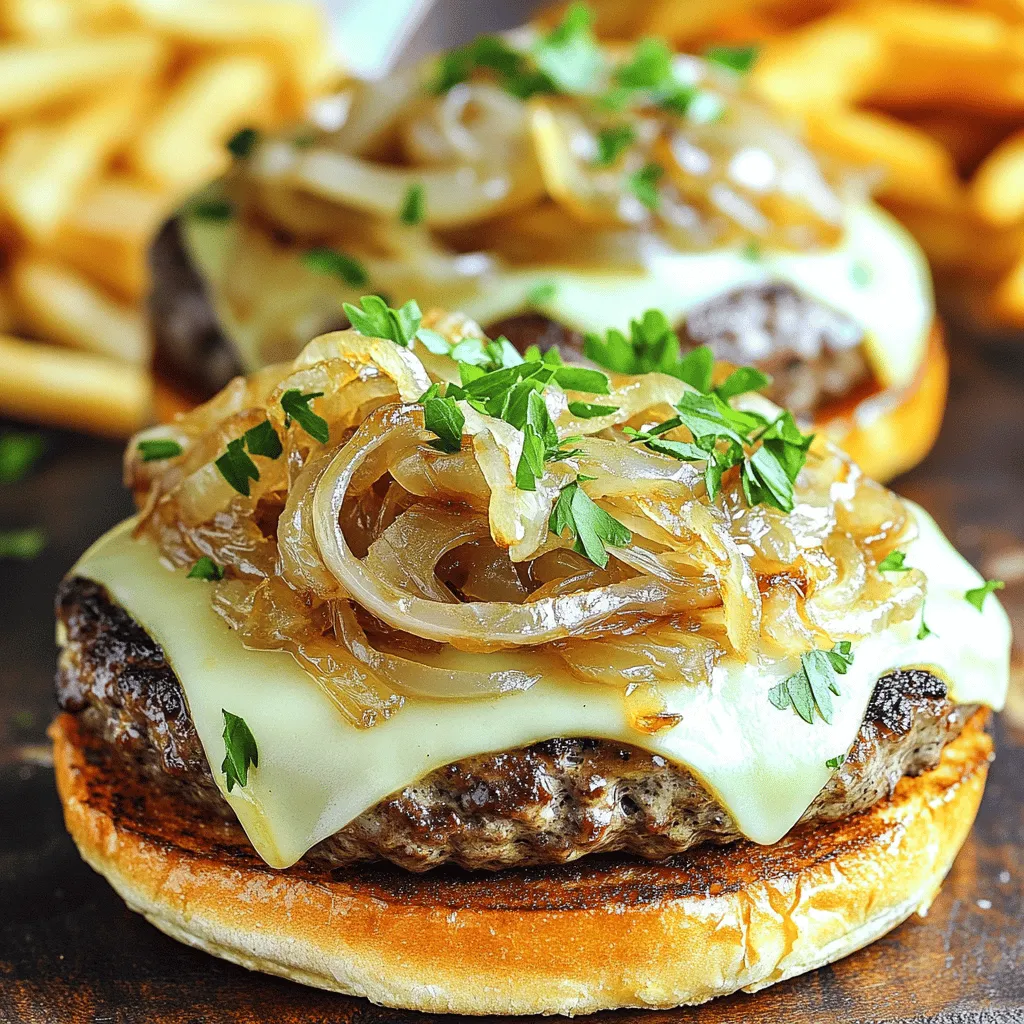To make French onion soup burgers, you need a mix of tasty ingredients. Here’s what you will need: - 1 lb ground beef or ground turkey - 1 large onion, thinly sliced - 2 tablespoons unsalted butter - 1 tablespoon olive oil - 1 teaspoon sugar - 1 teaspoon fresh thyme, chopped (or ½ teaspoon dried thyme) - 1 tablespoon Worcestershire sauce - Salt and pepper to taste - 4 slices of Swiss cheese (or Gruyère) - 4 burger buns (preferably toasted) - 1 cup beef broth - Fresh parsley, chopped (for garnish) These main ingredients help create a rich and savory flavor. The caramelized onions are key to this dish. They add sweetness and depth. The broth enhances the burger's taste, making it juicy and flavorful. You can add fun toppings to make your burgers even better. Here are some ideas: - Crispy bacon - Extra cheese (like cheddar or blue cheese) - Sautéed mushrooms - Fresh arugula or spinach - Pickles or jalapeños for a kick These toppings add flavor and texture. You can mix and match to find your favorite combo. The right bun can make a big difference. Here are some great options: - Brioche buns for a rich, buttery taste - Ciabatta rolls for a crispy crust - Pretzel buns for a unique twist - Whole grain buns for a healthier choice Choose a bun that fits your style. A good bun can hold all the flavors and juices from the burger. For the best experience, toast your buns lightly. This adds crunch and warmth. For the full recipe, check out the detailed instructions above. Enjoy your cooking adventure! Start by getting your skillet ready. Add the butter and olive oil to the pan. Heat it over medium heat. Once hot, add the sliced onions. Sprinkle the sugar on top of the onions. This helps them caramelize nicely. Stir the onions often. Cook them for about 15 to 20 minutes. You want them soft and golden brown. When the onions are ready, stir in the Worcestershire sauce and thyme. Season with salt and pepper to taste. Next, pour in the beef broth. Let it simmer for another 5 minutes. This combines the flavors perfectly. While your onions cook, prepare the burger patties. Take the ground beef or turkey and season it with salt and pepper. Shape the meat into four equal patties. Make a little dent in the center of each patty. This keeps them flat while cooking. Now, preheat your grill or griddle to medium-high heat. Place the patties on the grill. Cook them for about 4 to 5 minutes on each side. Use a meat thermometer to check for doneness if you like. In the last minute of cooking, add a slice of Swiss cheese on top of each patty. Cover the pan to help melt the cheese. Now it’s time to put it all together. Take your toasted burger buns and place one patty on each bun. Spoon a generous amount of the caramelized onions over the top. The sweet onions add a rich flavor to your burger. Add a sprinkle of fresh parsley for a nice touch. Serve your burgers right away. You can pair them with crispy fries or a salad. For extra fun, set out a small bowl of beef broth for dipping. Enjoy your delicious meal! For more details, check the Full Recipe. To cook a great burger, use high-quality meat. I prefer ground beef or turkey. Season the meat well with salt and pepper. Form four equal patties, making a small dent in the center. This dent helps keep the patty flat. Cook the patties on a hot grill for about 4-5 minutes per side. Check the doneness with a meat thermometer if you want precision. Aim for 160°F for beef, 165°F for turkey. Want to boost the flavor? Add Worcestershire sauce to the meat mix. A tablespoon does wonders. You can also try garlic powder or onion powder. Fresh herbs like parsley or basil add a nice touch too. Just be careful not to overdo it. A pinch of extra seasoning can really lift your burger without overpowering it. Caramelizing onions is an art. Start with medium heat and use butter and oil for flavor. Stir the onions often to avoid burning. Add a pinch of sugar to help them caramelize. Aim for a golden brown color; this takes about 15-20 minutes. Don’t rush the process; patience is key! Avoid adding salt too early; it can draw out moisture and slow down caramelization. For a deeper flavor, add a splash of beef broth near the end. This adds richness and enhances the overall taste of your French Onion Soup Burgers. For the full recipe, check out the section above! {{image_2}} You can easily swap ground beef for ground turkey. Turkey has less fat. It still tastes great and holds flavor well. For a veggie option, try black beans or chickpeas. Mash them and mix in spices for a tasty burger. Both options keep the essence of French onion soup while being lighter. While Swiss cheese is classic, you can try other cheeses. Gruyère adds a nutty taste. Cheddar gives a sharp flavor. For a twist, use blue cheese for a bold kick. You can also change seasonings. Add garlic powder or smoked paprika for depth. Each choice brings a unique flair to your burger. Pair your French onion soup burgers with crispy fries. A green salad adds freshness. You can also serve them with a small bowl of beef broth for dipping. This makes each bite even more delicious. For drinks, try a light beer or sparkling water. They balance the rich flavors perfectly. To keep your French onion soup burgers fresh, wrap each burger in plastic wrap. Place wrapped burgers in an airtight container. Store them in the fridge for up to three days. This method keeps the flavors locked in and prevents drying out. For the best taste and texture, reheat burgers in a skillet. Heat the skillet over medium-low heat. Place the burger in the skillet and cover with a lid. This method helps the cheese melt while warming the burger. Reheat for about 5 minutes or until hot. You can also use a microwave if you're in a hurry, but the skillet gives better results. If you want to make meals ahead, you can freeze these burgers. Cook the burgers fully and let them cool. Wrap each burger in foil or plastic wrap. Then, place them in a freezer-safe bag. Label the bag with the date. They will last for about three months in the freezer. When ready to eat, thaw in the fridge overnight and reheat as mentioned above. Enjoy a quick and tasty meal anytime! For the full recipe, check out the entire guide. You can use Gruyère cheese instead of Swiss cheese. Gruyère melts well and adds a nutty taste. Other good options include provolone or mozzarella. These cheeses will give a nice flavor and texture to your burger. Yes, you can make the caramelized onions ahead of time. Store them in an airtight container in the fridge. They will last for about five days. Reheat them in a pan before adding to your burgers. This will save you time on busy cooking days. You can easily change the burger size and thickness. For smaller burgers, make smaller patties. For thicker burgers, use more meat and shape the patties larger. Just remember to adjust cooking time. Thicker patties will take longer to cook through. This blog post explored how to make delicious French Onion Soup Burgers. We covered key ingredients like caramelized onions and cheese. I shared step-by-step instructions for cooking the perfect patty. You learned tips to enhance flavors and avoid common mistakes. Variations offer healthier choices and different flavor options. Storing leftovers and reheating tips ensure you enjoy every bite later. With these insights, you can create a tasty burger that impresses your family and friends. Enjoy cooking and savoring this meal!