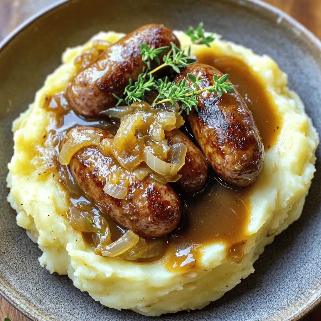 - 6 pork sausages (your choice of flavor) - 1 pound (450g) Yukon Gold potatoes, peeled and chopped - 1 cup whole milk - 4 tablespoons unsalted butter