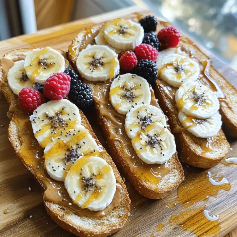 - Natural peanut butter - Whole grain bread - Banana slices - Honey or maple syrup Gather these main ingredients to make your peanut butter toast. The natural peanut butter gives the toast a rich, creamy base. Whole grain bread adds fiber and nutrients. Sliced bananas provide sweetness and a soft texture. Honey or maple syrup adds a touch of sweetness and glazes the toast beautifully. - Chia seeds - Mixed berries - Cinnamon - Sea salt You can enhance your toast with optional add-ins. Chia seeds boost nutrition and add crunch. Mixed berries bring fresh flavor and color. A sprinkle of cinnamon adds warmth and spice. A pinch of sea salt balances the sweetness and enhances all the flavors. For the full recipe, you can check the details. To start, pick your bread. Whole grain works best for taste and health. Choose how crispy you want your toast. A light toast brings out the flavor of the bread, while a dark toast adds a crunch. Use a toaster or an oven for even results. If you like it extra crispy, keep it in for a bit longer. Now, let’s make the peanut butter spread. You will need: - 1 cup natural peanut butter - 2 tablespoons honey or maple syrup - 1/4 teaspoon cinnamon - A pinch of sea salt In a bowl, mix these ingredients well. Stir until you get a creamy and smooth texture. If you want a sweeter spread, add more honey or maple syrup. The cinnamon gives it a warm flavor that pairs well with the bread. Once your toast is ready, it’s time to spread the peanut butter mix. Use a knife to apply a generous layer on each slice. Make sure to cover it well for full flavor. Next, add banana slices on top. Lay them evenly to balance each bite. If you chose to use chia seeds, sprinkle them over the bananas. This adds more nutrients and a fun crunch. Finally, top your toast with mixed berries for color and taste. Enjoy your Peanut Butter Delight Toast! For the full details on this recipe, refer to the [Full Recipe]. To make the best peanut butter toast, start with the right peanut butter. Look for natural peanut butter with just peanuts and salt. Avoid brands with added sugars or oils. This choice boosts the flavor and health benefits of your toast. When toasting, choose whole grain bread for the best taste. Toast it until golden brown for a nice crunch. You can use a toaster or a skillet. A skillet gives you more control over the crispness. Keep an eye on it to avoid burning. Pair your peanut butter toast with a drink like almond milk or green tea. These drinks balance the richness of the peanut butter. You can also serve it with a side of yogurt or fruit for extra nutrition. For plating, stack the toasts on a wooden board. Drizzle honey over the top for a sweet touch. Add some mixed berries on the side for color and flavor. Peanut butter is packed with protein, healthy fats, and fiber. It helps keep you full and satisfied. Whole grain bread offers more nutrients than white bread. It has fiber that supports digestion and heart health. Together, these ingredients make a great snack or meal. You can enjoy peanut butter toast any time of day. With the right choices, it can be both tasty and good for you. For the full recipe, check out Peanut Butter Delight Toast. {{image_2}} For a vegan option, use plant-based peanut butter. You can spread it on whole grain or gluten-free bread. Look for bread made with rice or almond flour. These options keep your toast tasty and free from animal products. You can mix nuts and seeds for added crunch. Try walnuts, almonds, or sunflower seeds. They add texture and healthy fats. Seasonal fruits can brighten your toast. In summer, use fresh berries. In fall, top with sliced apples or pears. These fruits balance the rich peanut butter flavor. You can create breakfast-inspired peanut butter toast. Use a base of creamy peanut butter, then layer sliced bananas or blueberries. Drizzle honey on top for sweetness. For dessert-style toast, spread peanut butter on a thicker slice of bread. Add melted dark chocolate, mini marshmallows, or even a sprinkle of cinnamon. These options make your toast fun and exciting! You can find the full recipe for making this delightful toast above. To store leftover peanut butter toast, place it in an airtight container. Use a container that fits the toast snugly to keep it fresh. This helps avoid moisture and keeps your toast tasty. If you can, eat the toast within two days for the best flavor. To reheat your toast, use a toaster or oven. A toaster brings back the nice crunch you want. If using an oven, set it to 350°F (175°C) for about 5 minutes. For the toppings, add fresh banana and berries after reheating. This keeps them fresh and bright in flavor. Peanut butter lasts a long time. When stored in a cool, dry place, it can last up to 6 months. Once opened, it’s best to keep it in the fridge. Whole grain bread stays fresh for about a week at room temperature. To keep it longer, store bread in the freezer. Just toast it straight from the freezer when you want to eat! What is the best bread for peanut butter toast? The best bread for peanut butter toast is whole grain. Whole grain bread adds fiber and nutrients. It also gives a great texture. You can use sourdough or multigrain bread for more flavor. Can I make peanut butter toast in advance? Yes, you can make peanut butter toast in advance. Just prepare the toast and toppings. Store it in an airtight container. When you’re ready to eat, warm it up in a toaster or microwave. What can I add to peanut butter toast for more protein? To add more protein, try these options: - Greek yogurt - Cottage cheese - Sliced hard-boiled eggs - Nuts or seeds These extras boost protein and give your toast a tasty twist. How many calories does peanut butter toast typically have? Peanut butter toast usually has around 200 to 300 calories per slice. It depends on the bread and toppings you use. Natural peanut butter adds healthy fats and protein. Is peanut butter healthy for everyone? Peanut butter is healthy for most people. It has protein, healthy fats, and vitamins. However, those with a peanut allergy should avoid it. Always check with a doctor if you have health concerns. Can I use almond butter instead? Yes, you can use almond butter instead of peanut butter. Almond butter has a similar taste but a different texture. It also offers unique nutrients like vitamin E. What if I have a peanut allergy? If you have a peanut allergy, use sun butter or soy nut butter. These options are safe and still tasty. They provide similar flavor and texture to peanut butter. For a full recipe, check out the Peanut Butter Delight Toast. Peanut butter toast is simple yet delicious. We explored its main ingredients and creative toppings. I shared easy steps to make the perfect toast and tips for getting it just right. You learned about healthy variations and the best ways to store leftovers. This tasty dish combines flavor and nutrition, making it a great choice for any meal. Enjoy experimenting with your own ideas, and make it your own!