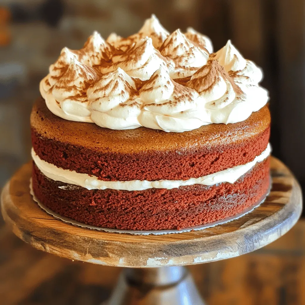 To make a great red velvet cake, you need just a few key items. Here’s what you will need: - 2 ½ cups all-purpose flour - 1 ½ cups granulated sugar - 1 teaspoon baking soda - 1 teaspoon salt - 1 teaspoon cocoa powder - 1 ½ cups vegetable oil - 1 cup buttermilk, at room temperature - 2 large eggs, at room temperature - 2 tablespoons red food coloring - 1 teaspoon vanilla extract - 1 teaspoon white vinegar - For the Frosting: - 8 oz cream cheese, softened - ½ cup unsalted butter, softened - 4 cups powdered sugar - 1 teaspoon vanilla extract Each of these ingredients plays a special role. The flour gives the cake structure. Sugar adds sweetness, while cocoa powder gives a hint of chocolate flavor. Buttermilk keeps the cake moist and adds richness. Sometimes you may want to change things up. Here are some common substitutions you can try: - Vegetable oil alternatives: You can use melted coconut oil or unsweetened applesauce for a lighter version. - Vegan options: Replace eggs with flaxseed meal mixed with water. Use plant-based milk and a vegan cream cheese for frosting. - Gluten-free adaptations: Try a gluten-free flour blend instead of all-purpose flour. These substitutions can help you make the cake fit your diet or preferences. Just remember, some changes may alter the taste or texture. 1. Preheat your oven to 350°F (175°C). This step is key for even baking. 2. Grease and flour two 9-inch round cake pans. Tap out any extra flour to avoid clumps. 3. In a large bowl, sift together these dry ingredients: - 2 ½ cups all-purpose flour - 1 ½ cups granulated sugar - 1 teaspoon baking soda - 1 teaspoon salt - 1 teaspoon cocoa powder This mix helps the cake rise and gives it a soft texture. 1. In another bowl, whisk together the wet ingredients until smooth: - 1 ½ cups vegetable oil - 1 cup buttermilk, room temperature - 2 large eggs, room temperature - 2 tablespoons red food coloring - 1 teaspoon vanilla extract - 1 teaspoon white vinegar Mixing these flavors well makes the cake moist and rich. 2. Gradually add the wet mix to the dry mix. Stir gently until just combined. Don't overmix; some lumps are okay. This keeps the cake light. 1. Divide the batter evenly between the prepared pans. This ensures both layers bake evenly. 2. Bake in your preheated oven for 25-30 minutes. 3. Check for doneness by inserting a toothpick into the center. If it comes out clean, your cake is ready! 4. Let the cakes cool in the pans for 10 minutes. Then, turn them out onto wire racks to cool completely. Now, you're set to frost and enjoy your decadent red velvet cake! For the full recipe, don't forget to check the details above. To make a great red velvet cake, avoid overmixing the batter. When mixing, stop as soon as you see no dry flour. Lumps are okay! Overmixing can make the cake tough. To prevent a dry cake, use room temperature ingredients. This helps the batter blend better. Also, measure flour correctly. Too much flour leads to dryness. Scoop flour into a measuring cup and level it off with a knife. Applying cream cheese frosting smoothly takes practice. Start with a crumb coat. This thin layer helps catch crumbs. Chill the cake for 30 minutes after this step. Then, add a thicker layer of frosting. Use a spatula or bench scraper to smooth the sides. For decoration, think simple and fun. You can sprinkle cocoa powder or use red velvet crumbs on top. Fresh berries can add a pop of color. Edible flowers also make a lovely touch. Adding spices can boost the flavor of your red velvet cake. Try cinnamon or nutmeg for warmth. Just a pinch can make a big difference. You can also infuse unique flavors into the cake or frosting. Consider using orange zest or almond extract. These flavors add an exciting twist. Always taste as you go to find your perfect balance. For the full recipe, check out the [Full Recipe]. {{image_2}} You can enjoy red velvet in many ways. First, try red velvet cupcakes. They are fun to eat and perfect for parties. Just bake the batter in cupcake liners and top them with cream cheese frosting. Each bite will be a delight. Another option is red velvet cheesecake. This treats the classic cake as a creamy cheesecake. It has the same rich flavor but with a smooth, velvety texture. You can bake it in a springform pan and chill it well before serving. Red velvet cake fits many themes, especially holidays. For Valentine's Day, it makes a lovely dessert. The deep red color and creamy frosting bring joy to any table. You can even add heart-shaped sprinkles for extra charm. Seasonal toppings also add fun to red velvet. Try fresh berries in summer or pumpkin spice in fall. These toppings enhance the flavor and make the cake look festive. Pairing desserts can elevate your meal. Enjoy red velvet cake with vanilla ice cream. The cold ice cream balances the cake's richness. It melts into the cake, creating a delightful mix. For drinks, consider serving it with a cup of coffee or a glass of red wine. Both options bring out the cake’s flavors. You can also offer chocolate milk for a fun twist that kids will love. Explore these variations and pairings for a delightful experience. Check the Full Recipe to create your own red velvet masterpiece! To keep your red velvet cake fresh, wrap it well in plastic wrap. This helps to lock in moisture. You can also place it in an airtight container. Make sure to store it in the fridge if you have cream cheese frosting on top. For frosting, if you have extra, store it in the fridge too. Place it in a sealed container. When you're ready to use it again, just take it out and let it warm up. This makes it easier to spread. You can freeze your red velvet cake for later. Here’s how: 1. Cool Completely: First, make sure the cake is fully cool. 2. Wrap Well: Use plastic wrap to cover each layer tightly. You can also use aluminum foil for extra protection. 3. Label and Date: Write the date on the outside. This way, you know how long it's been in the freezer. 4. Place in Freezer: Put the wrapped cake in the freezer. It can stay there for up to three months. When you want to serve it: 1. Thawing: Move the cake to the fridge the night before. This helps it thaw slowly. 2. Serving: Once thawed, let it sit at room temperature for about 30 minutes. This brings back its soft texture. By following these steps, you can enjoy your red velvet cake even after a few weeks! For the complete recipe, check out the Full Recipe. Red Velvet Cake has a rich history. It began in the early 1900s. Many believe it hails from the Southern United States. The cake's bright red color is eye-catching. During the 1920s, a recipe appeared in a cookbook, gaining popularity. The cake became famous thanks to the Waldorf-Astoria Hotel in New York. They served it at special events, making it a classic choice for many. Yes, you can use alternatives! Beet juice is a natural choice. It gives a subtle flavor and a lovely hue. You can also try using purple or pink food coloring. However, these will change the cake's final color. The classic red hue is part of what makes it special. Making a healthier Red Velvet Cake is simple. You can reduce the sugar by one-third. Use applesauce or yogurt as a substitute for some oil. You can even use whole wheat flour instead of all-purpose flour. For a vegan option, replace eggs with flaxseed meal mixed with water. These swaps keep the cake tasty and light. Red Velvet Cake goes well with many dishes. Serve it with vanilla ice cream for a sweet treat. Fresh fruit, like strawberries or raspberries, adds a nice touch. A cup of coffee or tea also complements the cake well. For a fun twist, try pairing it with a glass of milk or a fizzy soda. Red velvet cake is a delightful treat, rich in flavor and history. We explored key ingredients like cocoa powder and cream cheese. You learned about substitutions and step-by-step baking methods. Tips on achieving the perfect texture and frosting were also shared. Variations like cupcakes and themed adaptations provide fun twists. Remember how to store and freeze leftover cake for future enjoyment. With this knowledge, you can create your own red velvet masterpiece or customize it to suit your taste. Enjoy baking and sharing this delicious dessert!