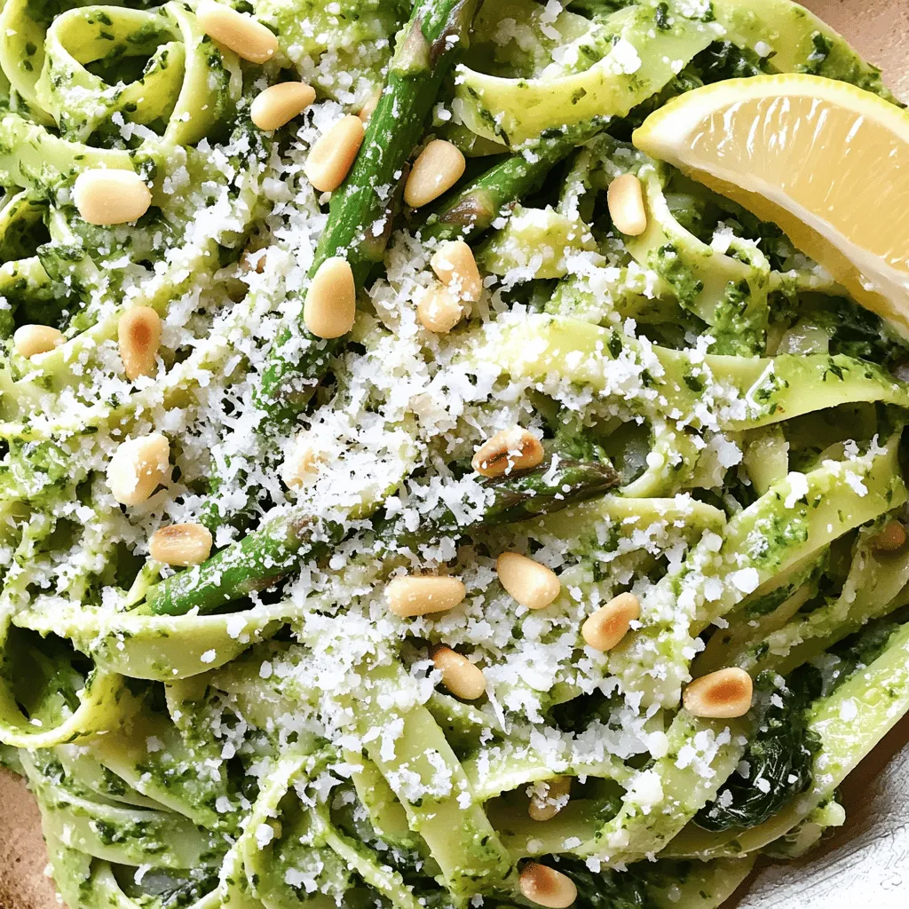 For this colorful dish, you need a few key items: - 8 oz pasta (fettuccine or any preferred type) - 2 cups fresh spinach, washed and roughly chopped - 1 cup asparagus, trimmed and cut into 1-inch pieces - 2 tablespoons olive oil - 3 cloves garlic, minced - 1 teaspoon lemon zest - 1 tablespoon lemon juice - 1/2 teaspoon red pepper flakes (optional) - Salt and pepper, to taste - 1/4 cup grated Parmesan cheese (plus extra for serving) - A handful of pine nuts, toasted