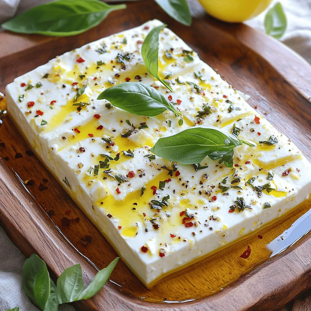 - 8 oz block of feta cheese (or mozzarella balls) - 1/2 cup extra virgin olive oil - 2 cloves garlic, crushed
