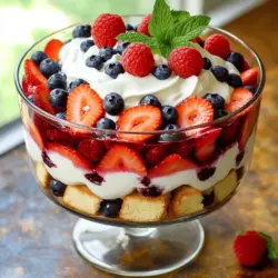 - 1 pound strawberries, hulled and sliced - 1 pound blueberries - 1 cup raspberries - 2 cups whipped cream (store-bought or homemade) - 1 cup Greek yogurt (plain or vanilla) - 2 tablespoons honey or maple syrup - 1 pound vanilla sponge cake, cut into cubes - Fresh mint leaves for garnish (optional) To make the Red, White and Blueberry Trifle, you need fresh fruits that burst with flavor. Strawberries bring a sweet and juicy taste. The blueberries add a pop of color and a slight tartness. Raspberries provide a hint of tanginess. Together, they create a beautiful mix. Next, for creamy layers, I use whipped cream. You can choose store-bought or make your own. Greek yogurt adds a rich texture and a touch of sweetness when mixed with honey or maple syrup. This creamy blend pairs perfectly with the fruits. The cake base is essential. I like to use a soft vanilla sponge cake. You can buy it or bake it from scratch. Cut it into cubes to layer easily. As a bonus, fresh mint leaves can add a lovely touch on top. These ingredients come together to create a stunning dessert that shines in any setting. If you're ready to dive into the full recipe, check out the [Full Recipe]. Preparing the Cake If you want to make this trifle from scratch, start by baking a vanilla sponge cake. This cake should be light and fluffy. Once it cools, cut it into small cubes. If you're short on time, store-bought sponge cake works just as well. The cubes should be about one inch. This will help them fit nicely in your trifle dish. Mixing the Yogurt Now, let’s mix the yogurt. Grab a small bowl and add one cup of Greek yogurt. You can use plain or vanilla yogurt. Then, add two tablespoons of honey or maple syrup. Stir until the mixture is smooth and sweet. This layer adds flavor and creaminess to your trifle. Assembling the Trifle Start layering the trifle in a large dish or individual glasses. - First layer: Place a layer of sponge cake cubes at the bottom. - Second layer: Next, add a layer of strawberries, blueberries, and raspberries. Spread them evenly. - Third layer: Spoon on the sweetened Greek yogurt. Cover the berries well. - Fourth layer: Add a generous layer of whipped cream. Smooth it out gently. Repeat the layers until your dish is full. Finish with a nice dollop of whipped cream on top. After assembling, cover the trifle with plastic wrap. Chill it in the fridge for at least two hours. You can even let it sit overnight for the best flavor. When you’re ready to serve, add some whole berries and mint leaves on top for a fresh look. For the full recipe, refer to the earlier section. Enjoy your delicious Red, White and Blueberry Trifle! - Start with the sponge cake for added stability. - Ensure even distribution of layers. - Use a spatula to smooth whipped cream. When you layer your trifle, the first layer is key. It helps hold everything together. Use sponge cake cubes at the bottom. This base gives your trifle strength. Next, distribute berries evenly for great flavor. Make sure each bite has a mix of flavors. When you add whipped cream, use a spatula to make it smooth. This creates a beautiful finish. - Serve in clear glass bowls to highlight colorful layers. - Optional festive decorations. Presentation matters! Use clear glass bowls so everyone can see your colorful layers. It makes the dessert more inviting. You can also add festive decorations. Little flags or sprigs of mint look great on top. These small touches make your trifle stand out. - Refrigerate for at least 2 hours for best flavor melding. - Overnight chilling is ideal for improved taste. Let your trifle chill in the fridge for at least 2 hours. This allows the flavors to mix well. For an even better taste, chill it overnight. The longer it sits, the more delicious it becomes. Enjoy the wait; it’s worth it! {{image_2}} You can switch out berries for different tastes. Try blackberries or cherries for a bold twist. Mixing in other seasonal fruits adds fun, colorful layers. Think peaches or kiwi for a fresh touch. Each fruit brings its own flavor, making your trifle unique. If you're not a fan of Greek yogurt, try mascarpone or cream cheese. Both add a rich taste and creamy texture. You might also consider flavored whipped creams. Vanilla or chocolate whipped cream gives a new take on this classic dessert. Feel free to mix and match cream types to find your favorite. Need a gluten-free treat? Use gluten-free sponge cake instead of regular. This keeps the dessert safe for those with gluten issues. For a dairy-free version, swap whipped cream with coconut cream. It adds a tropical flavor while staying creamy. These adjustments help everyone enjoy this tasty trifle. To store leftover trifle, cover the dish tightly with plastic wrap. This helps keep it fresh. You can also transfer it to an airtight container. Make sure to layer it properly to keep the texture. Use a spoon to flatten the layers as much as you can. You can freeze the trifle for up to three months. However, I recommend not freezing the whipped cream. It can lose its texture. Instead, freeze the sponge cake and berries separately. When ready to serve, layer them fresh with yogurt and whipped cream. The trifle can last in the fridge for about three days. After that, the layers may start to blend together. For the best taste, enjoy it within those three days. For a trifle, I recommend using a light sponge cake. It soaks up flavors well. You can also use angel food cake or pound cake. These options are soft and fluffy. They create a great base for all the layers. If you want to save time, store-bought sponge cake works too. Just make sure it is fresh. Yes, you can make this dessert ahead of time. In fact, it tastes better when chilled for a few hours. I suggest preparing it the night before. This gives the flavors time to mix well. Store the trifle covered in the fridge. Just remember to add any garnishes right before serving to keep them fresh. You can use many fruits in your trifle. Seasonal fruits like peaches, nectarines, or cherries work great. Try adding bananas for a creamy texture. You can mix berries for different flavors too. Raspberry and blackberry combinations are delightful. Feel free to be creative with your fruit layers! In this post, we explored how to make a delicious trifle with fresh fruits, creamy layers, and a cake base. You learned the step-by-step process, from prepping the cake to assembling the dessert. Tips for presentation and storage keep your trifle looking great and tasting fresh. Consider variations to match your taste or dietary needs. Enjoy creating this tasty treat for any occasion. It’s simple, fun, and sure to impress!
