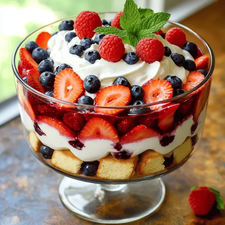 - 1 pound strawberries, hulled and sliced - 1 pound blueberries - 1 cup raspberries - 2 cups whipped cream (store-bought or homemade) - 1 cup Greek yogurt (plain or vanilla) - 2 tablespoons honey or maple syrup - 1 pound vanilla sponge cake, cut into cubes - Fresh mint leaves for garnish (optional) To make the Red, White and Blueberry Trifle, you need fresh fruits that burst with flavor. Strawberries bring a sweet and juicy taste. The blueberries add a pop of color and a slight tartness. Raspberries provide a hint of tanginess. Together, they create a beautiful mix. Next, for creamy layers, I use whipped cream. You can choose store-bought or make your own. Greek yogurt adds a rich texture and a touch of sweetness when mixed with honey or maple syrup. This creamy blend pairs perfectly with the fruits. The cake base is essential. I like to use a soft vanilla sponge cake. You can buy it or bake it from scratch. Cut it into cubes to layer easily. As a bonus, fresh mint leaves can add a lovely touch on top. These ingredients come together to create a stunning dessert that shines in any setting. If you're ready to dive into the full recipe, check out the [Full Recipe]. Preparing the Cake If you want to make this trifle from scratch, start by baking a vanilla sponge cake. This cake should be light and fluffy. Once it cools, cut it into small cubes. If you're short on time, store-bought sponge cake works just as well. The cubes should be about one inch. This will help them fit nicely in your trifle dish. Mixing the Yogurt Now, let’s mix the yogurt. Grab a small bowl and add one cup of Greek yogurt. You can use plain or vanilla yogurt. Then, add two tablespoons of honey or maple syrup. Stir until the mixture is smooth and sweet. This layer adds flavor and creaminess to your trifle. Assembling the Trifle Start layering the trifle in a large dish or individual glasses. - First layer: Place a layer of sponge cake cubes at the bottom. - Second layer: Next, add a layer of strawberries, blueberries, and raspberries. Spread them evenly. - Third layer: Spoon on the sweetened Greek yogurt. Cover the berries well. - Fourth layer: Add a generous layer of whipped cream. Smooth it out gently. Repeat the layers until your dish is full. Finish with a nice dollop of whipped cream on top. After assembling, cover the trifle with plastic wrap. Chill it in the fridge for at least two hours. You can even let it sit overnight for the best flavor. When you’re ready to serve, add some whole berries and mint leaves on top for a fresh look. For the full recipe, refer to the earlier section. Enjoy your delicious Red, White and Blueberry Trifle! - Start with the sponge cake for added stability. - Ensure even distribution of layers. - Use a spatula to smooth whipped cream. When you layer your trifle, the first layer is key. It helps hold everything together. Use sponge cake cubes at the bottom. This base gives your trifle strength. Next, distribute berries evenly for great flavor. Make sure each bite has a mix of flavors. When you add whipped cream, use a spatula to make it smooth. This creates a beautiful finish. - Serve in clear glass bowls to highlight colorful layers. - Optional festive decorations. Presentation matters! Use clear glass bowls so everyone can see your colorful layers. It makes the dessert more inviting. You can also add festive decorations. Little flags or sprigs of mint look great on top. These small touches make your trifle stand out. - Refrigerate for at least 2 hours for best flavor melding. - Overnight chilling is ideal for improved taste. Let your trifle chill in the fridge for at least 2 hours. This allows the flavors to mix well. For an even better taste, chill it overnight. The longer it sits, the more delicious it becomes. Enjoy the wait; it’s worth it! {{image_2}} You can switch out berries for different tastes. Try blackberries or cherries for a bold twist. Mixing in other seasonal fruits adds fun, colorful layers. Think peaches or kiwi for a fresh touch. Each fruit brings its own flavor, making your trifle unique. If you're not a fan of Greek yogurt, try mascarpone or cream cheese. Both add a rich taste and creamy texture. You might also consider flavored whipped creams. Vanilla or chocolate whipped cream gives a new take on this classic dessert. Feel free to mix and match cream types to find your favorite. Need a gluten-free treat? Use gluten-free sponge cake instead of regular. This keeps the dessert safe for those with gluten issues. For a dairy-free version, swap whipped cream with coconut cream. It adds a tropical flavor while staying creamy. These adjustments help everyone enjoy this tasty trifle. To store leftover trifle, cover the dish tightly with plastic wrap. This helps keep it fresh. You can also transfer it to an airtight container. Make sure to layer it properly to keep the texture. Use a spoon to flatten the layers as much as you can. You can freeze the trifle for up to three months. However, I recommend not freezing the whipped cream. It can lose its texture. Instead, freeze the sponge cake and berries separately. When ready to serve, layer them fresh with yogurt and whipped cream. The trifle can last in the fridge for about three days. After that, the layers may start to blend together. For the best taste, enjoy it within those three days. For a trifle, I recommend using a light sponge cake. It soaks up flavors well. You can also use angel food cake or pound cake. These options are soft and fluffy. They create a great base for all the layers. If you want to save time, store-bought sponge cake works too. Just make sure it is fresh. Yes, you can make this dessert ahead of time. In fact, it tastes better when chilled for a few hours. I suggest preparing it the night before. This gives the flavors time to mix well. Store the trifle covered in the fridge. Just remember to add any garnishes right before serving to keep them fresh. You can use many fruits in your trifle. Seasonal fruits like peaches, nectarines, or cherries work great. Try adding bananas for a creamy texture. You can mix berries for different flavors too. Raspberry and blackberry combinations are delightful. Feel free to be creative with your fruit layers! In this post, we explored how to make a delicious trifle with fresh fruits, creamy layers, and a cake base. You learned the step-by-step process, from prepping the cake to assembling the dessert. Tips for presentation and storage keep your trifle looking great and tasting fresh. Consider variations to match your taste or dietary needs. Enjoy creating this tasty treat for any occasion. It’s simple, fun, and sure to impress!
