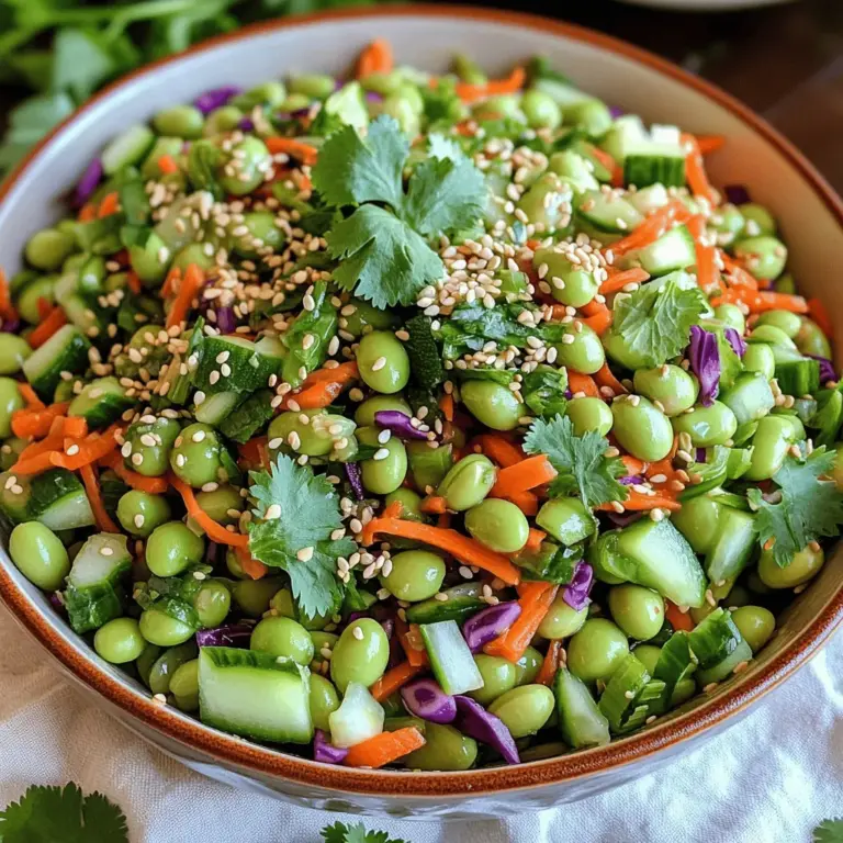 - 2 cups shelled edamame (fresh or frozen) - 1 cup shredded carrots - 1 red bell pepper, finely chopped - 1 cup purple cabbage, thinly sliced - 1 small cucumber, diced - 3 green onions, chopped - 1/4 cup chopped fresh cilantro - 1/4 cup toasted sesame seeds