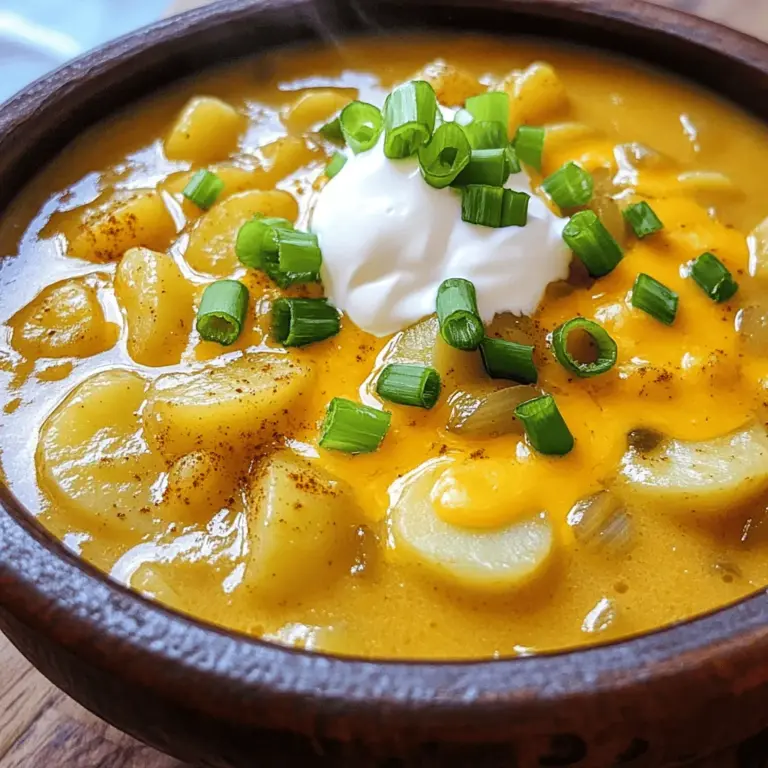 To make the best slow cooker cheesy potato soup, you need fresh and simple ingredients. Using quality items will boost the taste. Here's what you'll need: - 4 medium russet potatoes, peeled and diced - 1 medium onion, chopped - 2 cloves garlic, minced - 4 cups vegetable broth - 1 cup shredded sharp cheddar cheese - 1 cup half-and-half - 1 teaspoon dried thyme - 1 teaspoon paprika - Salt and pepper to taste - 1 tablespoon olive oil - 4 tablespoons sour cream (for serving) - Chopped green onions (for garnish) Each ingredient plays a vital role. The russet potatoes give a creamy texture. The onion and garlic add depth and flavor. The vegetable broth provides the soup's base. Sharp cheddar cheese brings that rich, cheesy taste. Half-and-half adds creaminess, making every bite smooth. Thyme and paprika give a subtle herb note and warmth. Salt and pepper balance everything out. Don't forget the sour cream and green onions! They add a nice finish when serving. You can find the full recipe in the cooking guide. Enjoy making this comforting soup! 1. Start by heating olive oil in a skillet over medium heat. 2. Add the chopped onion and sauté for about 3-4 minutes until it turns translucent. 3. Next, add the minced garlic to the skillet. Sauté for one more minute until it smells good. 4. In your slow cooker, combine the diced russet potatoes, sautéed onions, and garlic. 5. Pour in the vegetable broth. Then, add the dried thyme, paprika, salt, and pepper. Stir everything well. 1. Cover the slow cooker and set it to cook. Choose high for 4 hours or low for 6-8 hours. 2. When the potatoes are soft, mash the soup to your liking. You can use a potato masher or an immersion blender. Leave some chunks for texture. 3. Stir in the half-and-half and shredded cheddar cheese. Mix until it melts and becomes creamy. 4. Taste the soup, and adjust the seasoning if needed. 5. Cover and let the cheese melt for about 10 more minutes. 6. Serve hot. Add a dollop of sour cream and some chopped green onions on top for extra flavor. For more detailed steps, check the Full Recipe. Enjoy your comforting bowl of soup! Choosing the right potatoes I love using russet potatoes for this soup. They are starchy and creamy. This gives the soup a nice texture. Make sure to peel and dice them evenly. This helps them cook at the same rate. If you want a firmer bite, you can also use Yukon Gold potatoes. They hold their shape well and add a buttery flavor. Best practices for sautéing onions Sautéing onions is key for great flavor. Start with a hot skillet and olive oil. Add the chopped onions and cook until they are soft and clear. This usually takes 3-4 minutes. Be careful not to burn them. If you want more flavor, you can add the minced garlic right at the end. Sauté for just a minute more until it smells amazing. This way, you keep the garlic's fresh taste. Dairy-free options If you're looking for dairy-free options, swap the half-and-half with coconut milk or almond milk. These alternatives still give a creamy feel. You can also use dairy-free cheese for the cheesy flavor. Just check the label to find one that melts well. Adding vegetables or proteins You can easily add more veggies to your soup. Carrots, celery, or spinach work great. Just chop them small and add them to the slow cooker. For added protein, consider cooked chicken or bacon. Stir them in when you add the cheese for a heartier soup. You can even make the soup a meal on its own! For the full recipe, check out the detailed steps included earlier. {{image_2}} You can change the taste of your Slow Cooker Cheesy Potato Soup in fun ways. One great option is spicy cheddar potato soup. Just add diced jalapeños or hot sauce to the pot. This gives the soup a nice kick. You can also swap in pepper jack cheese for a creamy and spicy twist. Another tasty idea is the loaded baked potato style. Top your soup with crumbled bacon, shredded cheese, and a dollop of sour cream. You can even add bits of chives or green onions for extra flavor. These variations make the soup feel new and exciting while keeping it comforting. If you need gluten-free options, this soup is easy to adapt. Use gluten-free vegetable broth and check your cheese for any gluten-containing ingredients. This ensures you can enjoy it without worry. For a vegan version, swap the cheese and half-and-half for plant-based alternatives. Use cashew cream or coconut milk for creaminess. Nutritional yeast can give a cheesy flavor without dairy. This way, everyone can enjoy a bowl of this hearty soup. Try out these variations to make your Slow Cooker Cheesy Potato Soup even more delightful. You can find the Full Recipe linked here for all the details! To keep your Slow Cooker Cheesy Potato Soup fresh, store it properly. First, let the soup cool down after cooking. Once it is cool, pour the soup into airtight containers. You can store it in the fridge for up to three days. Make sure to label the containers with the date. If you want to keep the soup for longer, freeze it. Pour the cooled soup into freezer-safe bags or containers. Leave some space at the top for expansion. You can freeze it for up to three months. When you’re ready to enjoy it, just thaw it in the fridge overnight. Reheating your soup correctly will help it taste great. The best method is to use a pot on the stove. Pour the soup into the pot and heat it over medium heat. Stir it often until it is hot. This method helps keep the texture smooth. If you want to use a microwave, pour the soup into a microwave-safe bowl. Heat it for one minute, then stir. Continue heating in 30-second intervals until it is hot. To avoid separation of ingredients, stir the soup while reheating. This keeps the cheese and cream mixed in well. If the soup looks too thick, you can add a splash of broth or water to thin it. Now, you’re all set to enjoy your delicious Slow Cooker Cheesy Potato Soup anytime! For the full recipe, check out the details above. How to make Slow Cooker Cheesy Potato Soup creamier? To make your soup creamier, add more half-and-half or cream. You can also blend some of the potatoes to create a smoother texture. Using a potato masher helps too. This gives you that rich feel while keeping some chunks for fun! Can I make this soup in advance? Yes, you can make this soup ahead of time. Prepare it, cool it down, and store it in the fridge for up to three days. Reheat it slowly on the stove or in the microwave. Just remember to stir it well! What can I substitute for half-and-half? If you don’t have half-and-half, you can use whole milk or heavy cream. Mixing milk with a little butter can also mimic half-and-half. This keeps your soup rich and tasty. How long is the soup good for in the fridge? The soup stays fresh in the fridge for about three to four days. Just make sure you store it in an airtight container. This keeps it tasty for your next cozy meal! You can find the Full Recipe for more details on making this delicious soup. This blog post covered everything you need for Slow Cooker Cheesy Potato Soup. We explored ingredients, step-by-step prep, and cooking tips. I shared ways to customize your soup to fit your diet or taste. Remember, storage and reheating tips can help you enjoy your leftovers. Making this soup is simple, and the flavors are rich. Try it and enjoy a warm, cheesy bowl today!