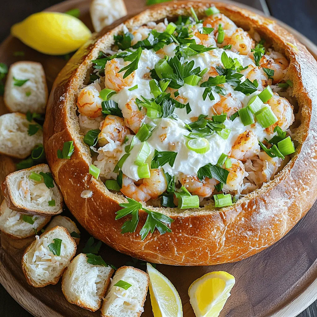 To make a stuffed seafood bread bowl, you need the following key items: - 1 large round sourdough bread loaf - 1 cup cooked shrimp, diced - 1 cup cooked crab meat - 1 cup cream cheese, softened - ½ cup mayonnaise - 1 tablespoon Dijon mustard - 1 tablespoon lemon juice - 1 teaspoon Old Bay seasoning - 1 teaspoon garlic powder - ½ cup shredded mozzarella cheese - ¼ cup chopped green onions - ¼ cup chopped fresh parsley - Salt and pepper to taste