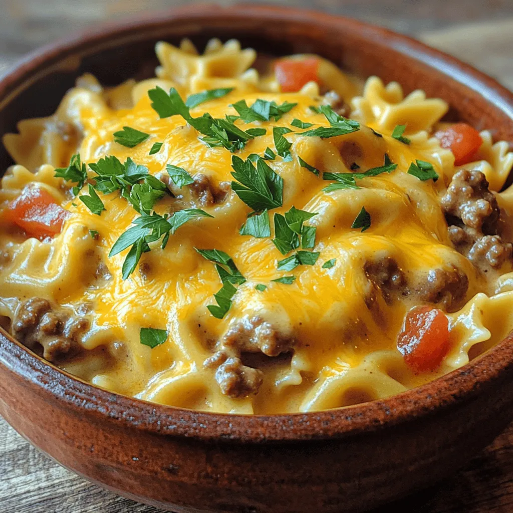- 8 oz bowtie pasta - 1 lb ground beef - 1 cup onion, finely chopped - 2 cloves garlic, minced - 1 can (14.5 oz) diced tomatoes, undrained - 1 cup beef broth - 2 cups shredded cheddar cheese - 1 cup sour cream - 1 teaspoon Italian seasoning - Fresh parsley for garnish - Salt and pepper to taste - Large pot for boiling pasta - Skillet for browning beef - Measuring cups and spoons When you gather these ingredients, you create the magic of Cheesy Beef and Bowtie Pasta. Start with the bowtie pasta. It holds the sauce well and looks fun on the plate! Ground beef gives it a hearty flavor. Onions and garlic add a sweet and savory touch. Diced tomatoes provide moisture and tang, while beef broth adds depth. Cheddar cheese and sour cream make this dish creamy and rich. You can add Italian seasoning for extra flavor. Fresh parsley brightens the dish and makes it look nice. Adjust salt and pepper to suit your taste. For tools, a large pot helps you cook the pasta perfectly. A skillet is great for browning the beef. Measuring cups and spoons ensure you get the right amounts. You can find the Full Recipe that guides you through this tasty meal. To start, you need a large pot. Fill it with water and add salt. Bring it to a rolling boil. Once the water boils, add the bowtie pasta. You should cook it according to the package instructions. Aim for an al dente texture. This means the pasta should be firm but not hard. It usually takes about 8-10 minutes. Once done, drain the pasta and set it aside. Next, grab a large skillet. Heat two tablespoons of olive oil over medium-high heat. Once the oil is hot, add the ground beef. Season it with salt and pepper while it cooks. Break the beef apart with a spatula. Cook it until it turns brown, which should take about 5-7 minutes. Once browned, drain any excess fat from the skillet. Now, it’s time to add flavor. Toss in the finely chopped onion and minced garlic. Sauté them for about 3-4 minutes. You want the onion to look clear. After that, stir in the can of diced tomatoes with their juices and the beef broth. Bring this mixture to a simmer. Let it cook for about 5 minutes to blend the flavors well. Reduce the heat to low. Now, add the cooked bowtie pasta to the beef mixture. Stir in the sour cream and 1 ½ cups of shredded cheddar cheese. Mix everything well. You want the cheese to melt, creating a creamy sauce. If you want extra creaminess, make sure to mix it gently while it heats. Taste your dish and adjust the seasoning. You may want to sprinkle in some Italian seasoning. Add more salt and pepper if needed. Once everything is well mixed, transfer the cheesy beef pasta to a serving dish. For a special touch, sprinkle the remaining cheese on top. If you like, broil it for 1-2 minutes. This gives a nice bubbly cheese crust. Garnish with fresh chopped parsley for color and flavor. Enjoy your meal! For the full recipe, check the details above. To make your Cheesy Beef and Bowtie Pasta pop, try adding spices and herbs. A pinch of garlic powder or paprika can boost the taste. Fresh basil or oregano can add a nice touch too. For cheese, I love using sharp cheddar for its rich flavor. You can also mix in mozzarella for extra creaminess. When cooking pasta, avoid overcooking. Aim for al dente, which means firm to the bite. This keeps the pasta from becoming mushy. For the beef, perfect browning is key. Use medium-high heat and let it sit for a minute before stirring. This helps create a nice crust and deeper flavor. Garnish your dish with fresh parsley. It adds color and a fresh taste. For creative plating, try using a large bowl. Place the pasta in the middle and sprinkle cheese on top. You can even add a drizzle of olive oil for shine. This makes the dish look more inviting and fun. {{image_2}} To make this dish lighter, you can swap regular pasta for whole wheat or chickpea pasta. These options boost fiber and protein. If you're looking for a different protein, ground turkey works well. You can also try plant-based beef for a meatless version. This keeps the taste rich while reducing fat. Want some heat? Add a pinch of red pepper flakes or hot sauce to the beef mix. This gives a spicy kick that warms you up. You can also sneak in veggies like spinach or diced bell peppers. These add color and nutrients, making the dish even better. If you need gluten-free options, look for gluten-free pasta brands. They cook up nicely and taste great. For those watching carbs, zucchini noodles are a fun swap. They keep the meal light and fresh while still soaking up all the cheesy goodness. For the full recipe, check out [Full Recipe]. Store your Cheesy Beef and Bowtie Pasta in the fridge. Use airtight containers to keep it fresh. Let the pasta cool before sealing to avoid moisture buildup. This helps prevent sogginess. Aim to eat leftovers within three to four days for the best taste. You can reheat your pasta in two ways: using the microwave or the stovetop. For the microwave, place the pasta in a bowl. Add a splash of water to keep it moist. Heat for one minute, stirring halfway through. For stovetop, use a skillet over low heat. Stir often and add a little beef broth if needed. This keeps the texture smooth and creamy. If you want to save some for later, freezing is a great choice. Portion the pasta into freezer-safe bags or containers. Remove as much air as possible before sealing. To thaw, leave it in the fridge overnight. Reheat using the stovetop method or microwave. Add a bit of cheese or sour cream to restore creaminess. Enjoy your Cheesy Beef and Bowtie Pasta later! For the complete recipe, check the Full Recipe. Yes, you can prepare this dish in advance. Cook the pasta and beef as directed. Then, mix all the ingredients but leave out the cheese. Store the mixture in the fridge for up to two days. When ready to serve, add the cheese and heat it on the stove. This saves time on busy nights. To add heat, try chili flakes or hot sauce. Mix in a small amount with the beef as it cooks. You can also sauté diced jalapeños with the onions and garlic. This way, you get heat without losing the dish's flavor. This dish pairs well with a simple green salad. A side of garlic bread adds extra flavor too. You could also serve steamed vegetables for a healthy balance. These sides make your meal feel complete and satisfying. Yes! This recipe serves four to six people easily. Kids love the cheesy flavor, and it’s fun to eat. You can involve them in the cooking process too. Let them help mix in the cheese or add parsley as a garnish. You can use mozzarella for a milder taste. Parmesan adds a nice nutty flavor. Mixing in gouda or pepper jack can give a fun twist. Feel free to experiment with your favorite cheeses to find the best combo for you. For the full recipe, check the section above. In this blog post, we explored the easy steps to make Cheesy Beef and Bowtie Pasta. You learned about the essential and optional ingredients, as well as the kitchen tools needed. We also covered cooking techniques, flavor enhancements, and various ways to adjust the recipe to fit your needs. In conclusion, this dish offers great taste and comfort. It’s perfect for family meals and easy to customize. Try it out and enjoy delicious pasta tonight!