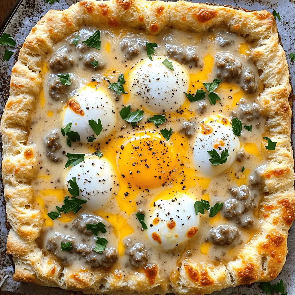 The biscuits and sausage gravy breakfast pizza recipe is built on simple yet rich ingredients. Here are the key components: