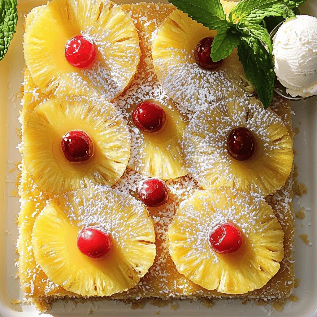 To make this cake, you need a few key items. Here is what you need: - 1 can (20 oz) pineapple slices in juice, drained (reserve juice) - 1/2 cup unsalted butter, melted - 1 cup packed brown sugar - 1/2 cup granulated sugar - 2 large eggs - 1 teaspoon vanilla extract - 1 1/2 cups all-purpose flour - 2 teaspoons baking powder - 1/2 teaspoon salt - 1/2 cup buttermilk (or 1/2 cup milk mixed with 1/2 tablespoon vinegar) - 1/2 cup shredded coconut