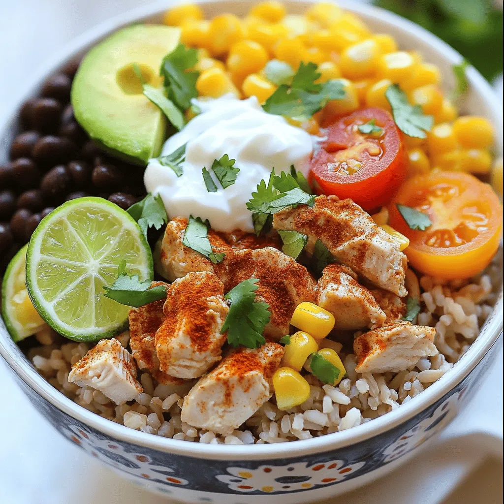 - Chicken and spices For this bowl, use 2 diced chicken breasts. They are the star of the dish. Season them with: - 1 tablespoon olive oil - 1 teaspoon paprika - 1 teaspoon cumin - 1 teaspoon garlic powder - 1 teaspoon chili powder - Salt and pepper to taste - Base components: rice and beans Start with a solid base. Use 1 cup of cooked brown rice. Add 1 cup of black beans, drained and rinsed. These ingredients add fiber and protein. - Toppings: fresh veggies and sauces Freshness brings the bowl to life. Include: - 1 cup corn kernels (fresh or frozen) - 1 avocado, sliced - 1 cup cherry tomatoes, halved - ½ cup red onion, diced - ½ cup fresh cilantro, chopped - Juice of 1 lime - ½ cup Greek yogurt or sour cream (for topping) - Cheese and crunchy elements For extra flavor, add shredded cheese. Tortilla chips give a nice crunch. - Alternative proteins and grains You can swap chicken for tofu or shrimp. Use quinoa instead of rice for a twist. - Herb and citrus enhancements Fresh herbs like parsley or dill can brighten the bowl. A squeeze of lemon adds zing, too. Make sure to check out the Full Recipe for more details on cooking and assembly! To make the chicken flavorful, start by marinating it. In a large bowl, mix the diced chicken with olive oil, paprika, cumin, garlic powder, chili powder, salt, and pepper. Make sure each piece is well-coated. This step adds great taste. Let the chicken sit for at least 15 minutes for the spices to soak in. Next, cook the chicken in a skillet over medium heat. This takes about 7-10 minutes. Stir occasionally to ensure even cooking. The chicken is done when it is no longer pink inside. This method keeps the chicken juicy and tender. Now it’s time to build your bowl. Start with a base of cooked brown rice. This gives a nice foundation. Then, add the cooked chicken on top. Follow with black beans and corn for extra protein. Next, layer fresh toppings. Add avocado slices, halved cherry tomatoes, and diced red onion. Each topping adds flavor and crunch. Finish with fresh cilantro and a squeeze of lime juice. This step adds brightness to your dish. For a creamy touch, add a dollop of Greek yogurt or sour cream. If you like a little crunch, sprinkle shredded cheese or crushed tortilla chips on top. When serving your burrito bowl, presentation matters. Use clear bowls to show off those vibrant colors. You can arrange the ingredients in sections for a fun look. Pair your bowl with a refreshing drink. Try lemonade or iced tea for balance. If you want sides, tortilla chips or a simple salad work well. They add texture and make it a full meal. For the complete recipe, check out the Full Recipe section. To make sure your chicken is juicy and full of flavor, start with marinating it. Mix the diced chicken with spices like paprika, cumin, garlic powder, salt, and pepper. Let it sit for at least 15 minutes. This step adds depth to the chicken. For the rice, use brown rice for a nutty taste. Cook it according to package instructions. A tip is to add a pinch of salt and a dash of lime juice to the water. This simple addition can enhance the rice's flavor. If you have a busy week ahead, meal prep can be a lifesaver. Cook a batch of brown rice and chicken ahead of time. Store them in the fridge. This way, you can quickly assemble your burrito bowls during the week. You can also use leftovers creatively. For quick lunches, pack the burrito bowl in containers. Just mix and match the ingredients. This keeps your meals fun and exciting. To take your dish to the next level, consider adding spices. Try cayenne pepper for heat or smoked paprika for a deep flavor. Fresh herbs like cilantro or parsley can also brighten the dish. Marinating the chicken for at least 30 minutes can really boost the taste. The longer it marinates, the better it gets. If you have extra time, try marinating overnight for maximum flavor. {{image_2}} You can easily make this dish vegetarian. Try using plant-based proteins, like tofu or tempeh. They soak up flavors well and add a nice texture. You can also add more vegetables. Think bell peppers, zucchini, or even spinach. The more colors on your plate, the better it looks and tastes! To change the flavor, switch up your spices. Try using taco seasoning or a mix of oregano and cayenne for a new twist. You can also play with sauces. Adding salsa or a creamy chipotle sauce can create a unique taste. Don't be afraid to experiment with different dressings too! You can take this bowl worldwide. Add elements from other cuisines. For a Mediterranean twist, use feta cheese and olives. Or, for an Asian flair, try sesame oil and green onions. Seasonal ingredients can also enhance your bowl. Use fresh veggies that are in season for the best flavors. You can find the Full Recipe for a classic Chicken Burrito Bowl above. To keep your chicken burrito bowl fresh, store it in a tight container. Use glass or plastic containers with lids. Always let the bowl cool before sealing it. This helps avoid condensation. Place it in the fridge if you plan to eat it within three days. For longer storage, consider freezing the components. When reheating, avoid using the microwave. Instead, use a skillet over low heat. This method keeps the chicken juicy and the veggies crisp. Add a splash of water to help steam the ingredients. Stir occasionally to heat evenly. If you must use the microwave, cover the bowl with a damp paper towel. This keeps moisture in and prevents drying out. You can freeze the chicken, rice, and beans separately. This way, the flavors stay fresh. Use freezer-safe bags or containers. To thaw, place them in the fridge overnight or use the microwave. When ready to eat, reheat them as mentioned above. Enjoy your delicious chicken burrito bowl without losing its amazing flavors! A chicken burrito bowl is a fun meal served in a bowl. It typically has cooked chicken, rice, beans, and fresh toppings. You can add corn, tomatoes, and avocado too. This dish comes from Mexican cuisine and has grown popular in many places. People love it for its fresh flavors and colorful look. To add heat, you can use spicy spices like cayenne pepper or crushed red pepper. You can also add jalapeños or hot sauce to the chicken mix. Just remember to start with a small amount and taste as you go. This way, you can adjust the spice level to your liking. For sides, try chips and salsa. They add crunch and a nice contrast. You can also serve a light salad with lime dressing to refresh your palate. A cold drink like lemonade or iced tea pairs well too. These options will balance the flavors and make your meal even better. In this article, we explored how to make a delicious chicken burrito bowl. We discussed essential ingredients like chicken, rice, beans, and various toppings. I shared step-by-step instructions for cooking and assembling your bowl. You also learned tips to save time and enhance flavors. Remember, you can customize your bowl with different proteins and spices. This dish is easy to make and great for any meal. Enjoy your cooking and make the bowl your own!