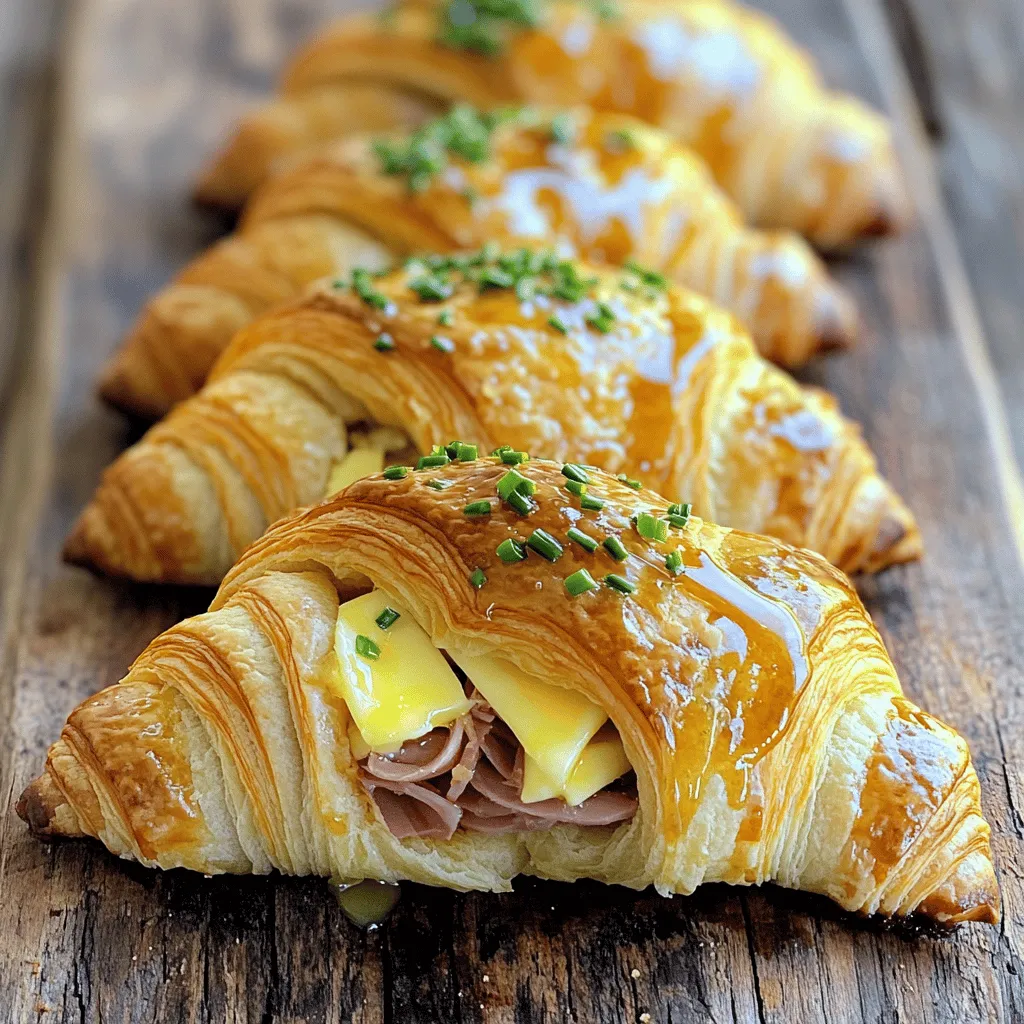 To make these delicious croissants, you need: - 4 large croissants - 8 slices of deli ham - 8 slices of Swiss cheese - 2 tablespoons Dijon mustard - 2 tablespoons honey - 1 tablespoon butter, melted - Freshly ground black pepper, to taste - 1 tablespoon fresh chives or parsley, chopped (for garnish)