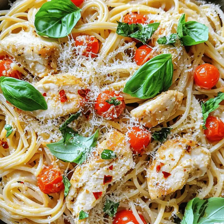 - 8 oz spaghetti - 2 chicken breasts, thinly sliced - 4 cloves garlic, minced - 1/2 teaspoon red pepper flakes - 1 can (14 oz) diced tomatoes, drained - 1 cup chicken broth - 1/2 cup heavy cream - 1 tablespoon olive oil - Salt and pepper to taste - Fresh basil leaves for garnish - Grated Parmesan cheese for serving - Choosing the right spaghetti: Use high-quality spaghetti for the best texture. A thicker spaghetti can hold the sauce better. - Fresh vs. canned tomatoes: Fresh tomatoes offer great flavor, but canned tomatoes are easy and still tasty. Choose according to your time and taste. - Benefits of homemade versus store-bought chicken broth: Homemade broth adds rich flavor and nutrients. Store-bought broth is quick and convenient. Use what works for you! This chicken spaghetti dish is simple yet full of flavor. The mix of garlic and cream creates a lovely sauce. You can find the Full Recipe in the cooking section. 1. Cooking spaghetti to al dente: Start with a large pot. Fill it with water and add salt. Bring the water to a boil. Add 8 oz of spaghetti. Cook it until it is al dente, which means it should be firm but not hard. This takes about 8-10 minutes. Drain the spaghetti, but save 1/2 cup of the pasta water. 2. Sautéing chicken to perfection: Take 2 chicken breasts and slice them thin. Heat 1 tablespoon of olive oil in a large skillet over medium-high heat. Season the chicken with salt and pepper. Cook the chicken for about 5-7 minutes. It should be golden brown and fully cooked. Remove the chicken from the skillet and set it aside. 3. Preparing the sauce with garlic and red pepper flakes: In the same skillet, lower the heat to medium. Add 4 cloves of minced garlic and 1/2 teaspoon of red pepper flakes. Stir and sauté for about 1 minute. You want the garlic to become fragrant but not burnt. 1. Mixing the sauce with spaghetti: Add a can of drained diced tomatoes and 1 cup of chicken broth to the skillet. Stir well and let it simmer for 5 minutes. This helps the flavors blend. Reduce the heat and stir in 1/2 cup of heavy cream. Return the cooked chicken to the skillet and mix everything together. If the sauce is too thick, pour in some of the reserved pasta water until it’s just right. 2. Presentation ideas for serving: Add the cooked spaghetti to the skillet. Toss it gently to coat the pasta with the sauce. Cook for another 2-3 minutes to heat through. When ready to serve, plate the chicken spaghetti. Garnish with fresh basil leaves and a sprinkle of grated Parmesan cheese for a nice touch. 3. Adjusting seasoning for optimal flavor: Taste the dish before serving. Add more salt and pepper if needed. This step ensures that each bite is flavorful and balanced. Enjoy your spicy garlic chicken spaghetti! For detailed ingredients and tips, check the Full Recipe. Key cooking temperatures Keep your skillet at medium-high heat when cooking chicken. This helps it brown well. Cook the chicken until it reaches 165°F. This ensures it is safe to eat. For the sauce, lower the heat to medium when adding garlic. This helps avoid burning. How to achieve the right creamy texture To get a creamy sauce, add heavy cream slowly. Stir it in gently. If the sauce is too thick, use reserved pasta water to thin it. This keeps the sauce smooth and rich. Common mistakes to avoid Don’t overcook the spaghetti. It should be al dente, meaning firm to the bite. Also, avoid burning the garlic. It can make the dish taste bitter. Finally, taste as you cook. Adjust salt and pepper to make the flavors pop. Best sides to complement chicken spaghetti Pair your chicken spaghetti with a fresh salad. A simple green salad adds a nice crunch. Garlic bread is another great side. It soaks up the sauce well. Recommended wine pairings A crisp white wine works well with this dish. Try a Sauvignon Blanc for a refreshing taste. If you prefer red, a light Pinot Noir is a good choice. Garnishing tips for an elegant touch Top your dish with fresh basil leaves. They add color and flavor. A sprinkle of grated Parmesan cheese looks nice too. It gives a gourmet feel to your meal. For the full recipe, check out the detailed instructions above. {{image_2}} You can change chicken spaghetti by adding different flavors. Start by adding vegetables like bell peppers, spinach, or zucchini. This will give your dish extra nutrition and color. You can also try alternative proteins, such as shrimp or turkey. These choices keep the meal exciting and allow for new tastes. Spices and herbs can switch up the flavor too. Add some Italian seasoning or fresh herbs like thyme and oregano. These will enhance the taste and make your dish even better. If you need gluten-free options, look for gluten-free spaghetti. Many brands offer great choices that taste just as good. For those who avoid dairy, you can use coconut milk or cashew cream instead of heavy cream. This keeps the dish creamy without the dairy. If you're watching carbs, consider using veggie noodles made from zucchini or spaghetti squash. These options are lighter and still tasty. For the full recipe, check out the Spicy Garlic Chicken Spaghetti. It's a delightful way to enjoy chicken spaghetti while making it fit your needs. After you finish your meal, store leftovers within two hours. Keep chicken spaghetti in the fridge. Use airtight containers for the best results. These help keep the dish fresh and tasty. You can use regular storage, but it may not last as long. Airtight containers prevent air and moisture from ruining your food. When reheating chicken spaghetti, use the stovetop or microwave. For the stovetop, add a splash of water or broth. Heat on low to avoid burning. Stir often until it's warm. In the microwave, cover the dish and heat in short bursts. This helps keep it moist. To revive the dish’s original flavor, add a bit of fresh garlic or basil. A sprinkle of cheese can also help. Enjoy the full taste of your meal again! For the full recipe, check out the details above. How long can I store chicken spaghetti? You can store chicken spaghetti in the fridge for 3 to 4 days. Keep it in an airtight container. Can I freeze chicken spaghetti? Yes, you can freeze chicken spaghetti. It lasts about 2 to 3 months in the freezer. Make sure to use a freezer-safe container. What can I substitute if I don't have heavy cream? If you lack heavy cream, you can use whole milk mixed with butter. This gives a similar richness. Is chicken spaghetti a healthy meal option? Chicken spaghetti can be a healthy meal. It includes lean protein and vegetables. You can adjust the recipe to fit your dietary needs. What’s the origin of chicken spaghetti? Chicken spaghetti has roots in Southern U.S. cuisine. It combines Italian pasta with Southern flavors. How can I make this recipe vegetarian-friendly? To make it vegetarian, use mushrooms or tofu instead of chicken. You can also add more veggies for extra flavor. This blog post provided a clear guide for making chicken spaghetti. We covered ingredients, cooking steps, and tips to perfect the dish. You learned how to choose ingredients wisely and avoid common mistakes. Remember to store leftovers properly and use the reheating tips for the best taste. Explore variations to suit your taste and dietary needs. Chicken spaghetti is not just easy; it’s also flexible. Enjoy making it your way and share it with others.