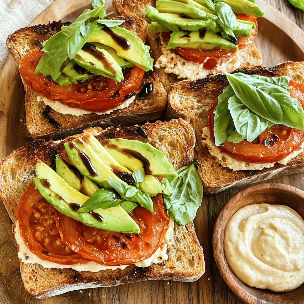 - 4 large ripe tomatoes, sliced - 8 slices of rustic whole-grain bread - 1 cup fresh basil leaves - 1 avocado, sliced - 1/2 cup raw cashews (soaked) - 2 tablespoons tahini - 2 cloves garlic, minced - 2 tablespoons lemon juice - 2 tablespoons olive oil - Salt and pepper to taste - 1 tablespoon balsamic vinegar - 1 teaspoon garlic powder - 1 teaspoon lemon juice To make the best roasted tomato sandwiches, use fresh, ripe tomatoes. Their juicy flavor is key. I like to slice them thick, about half an inch. This helps keep them from falling apart in the sandwich. You’ll also need good bread. Rustic whole-grain bread adds a nice texture and flavor. Next, let’s talk about the vegan aioli. This creamy spread is made from soaked cashews. Soaking softens them and makes blending easier. You will blend these with tahini, garlic, and lemon juice. This mix gives a rich, tangy flavor. Adjust the water to make it as thick or thin as you like. For seasoning, use olive oil to roast the tomatoes. It adds depth to their taste. A sprinkle of salt and pepper enhances their natural sweetness. Balsamic vinegar and garlic powder add even more flavor. With all these ingredients, you’re ready to make a delicious meal! Check the Full Recipe for steps on how to combine these tasty elements into a delightful sandwich. - Preheat the oven to 375°F (190°C). - Arrange sliced tomatoes on a baking sheet, drizzle olive oil, and sprinkle salt and pepper. - Roast tomatoes for 25-30 minutes until soft and caramelized. Roasting tomatoes brings out their natural sweetness. The heat transforms them into a rich, flavorful treat. Make sure to keep an eye on them. You want them soft but not mushy. - Drain and rinse soaked cashews. - Blend cashews with tahini, garlic, lemon juice, and water until smooth. - Adjust consistency with additional water if necessary, then season with salt. The vegan aioli is creamy and rich. It adds a perfect touch to your sandwich. Cashews are the secret here. Soaking them makes them easy to blend. You can adjust the thickness by adding water until you reach your desired texture. - Toast whole-grain bread slices until golden. - Spread vegan aioli on each slice. - Layer roasted tomatoes, basil, and avocado on half the bread slices. Now, it’s time to build your sandwich! Toasting the bread gives it a nice crunch. Spread the aioli generously for flavor. Layer your roasted tomatoes, fresh basil, and creamy avocado. This combination makes each bite delightful. For the full recipe, check the main article. Enjoy crafting your Roasted Tomato Sandwiches with Vegan Aioli! - Choose ripe tomatoes for the best flavor. - Consider adding herbs like thyme or rosemary for enhanced aroma. For a tasty sandwich, the tomatoes must shine. Ripe tomatoes have the sweetest taste. Look for those that feel heavy and firm. Also, roasting tomatoes brings out their natural sugars. I like to drizzle a bit of olive oil and sprinkle salt before roasting. This simple step makes them even more delicious. Adding herbs like thyme or rosemary gives a great smell. Fresh herbs can bring a whole new level to your dish. - Experiment with spices such as smoked paprika for a different flavor profile. - Increase or decrease garlic according to taste preference. The vegan aioli is a game-changer for this sandwich. You can make it your own. Try adding spices like smoked paprika for a smoky kick. If you love garlic, feel free to add more. If you prefer a milder flavor, use less garlic. The beauty of this aioli is its flexibility. It can match your taste, which makes it fun to create. - Use a generous amount of aioli for better flavor. - For crunch, serve with homemade potato chips as suggested. When putting the sandwich together, don’t hold back on the aioli. A thick layer makes each bite rich and tasty. For the crunch factor, I recommend serving the sandwich with homemade potato chips. The crispy texture pairs perfectly with the soft bread and juicy tomatoes. This combo creates a satisfying meal that you will love. For a full recipe, check out the details above. {{image_2}} You can change things up with the bread. If you need gluten-free options, use gluten-free bread. This keeps the sandwich safe for those with gluten sensitivity. For a chewier bite, try sourdough or ciabatta. Both add nice texture and flavor to your sandwich. Think about adding extra toppings for more taste. Roasted bell peppers bring sweetness and color. Arugula adds a peppery note and more nutrients. Sliced cucumbers give a crisp crunch. Each option enhances the sandwich in its own way. Want to elevate the taste? Drizzle basil pesto on your sandwich for an herby kick. It pairs well with the roasted tomatoes. If you like some heat, sprinkle a pinch of red pepper flakes. This adds a nice spice that wakes up your taste buds. These little changes can make your roasted tomato sandwiches with vegan aioli even more delightful. If you're ready to try these variations, check out the full recipe for more inspiration! You can keep leftover sandwiches in the fridge. Wrap them in parchment. They stay fresh for up to 2 days. However, remember to keep the aioli separate. This helps prevent sogginess. If you have roasted tomatoes left, freeze them. Use an airtight container for best results. They will last for several months. Thaw the tomatoes when you're ready. You can use them in pasta or salads for extra flavor. Leftover vegan aioli can stay in the fridge too. Store it in a sealed container. It will last for about 5 days. Before using, give it a good stir. It may separate over time, but that’s normal. Yes, but fresh tomatoes provide the best flavor and texture. Canned tomatoes can be watery and less rich in taste. For the best results, I recommend always using ripe, fresh tomatoes. They will make your sandwich burst with flavor. Use gluten-free bread as a substitute for rustic whole-grain bread. Many stores offer tasty gluten-free options. Make sure to check the label to ensure it fits your needs. Yes, consider adding chickpeas or vegan deli slices for protein. This addition makes your meal more filling. Plus, it gives you extra nutrients without losing any flavor. Toast the bread just before assembling the sandwich. Keep aioli separate until ready to eat. This way, your bread stays crisp and delicious. You want every bite to have the right texture. Absolutely; feel free to scale the garlic up or down based on personal preference. If you love garlic, add more! If you prefer a milder taste, reduce it. It’s all about what you enjoy. Making roasted tomato sandwiches is simple and fun. You start with fresh tomatoes and whole-grain bread, then add creamy vegan aioli. Roasting brings out the tomato’s sweetness, while the aioli adds rich flavor. Try different bread and toppings to make it your own. Remember to store leftovers properly to keep them fresh. Enjoy this tasty meal any time!