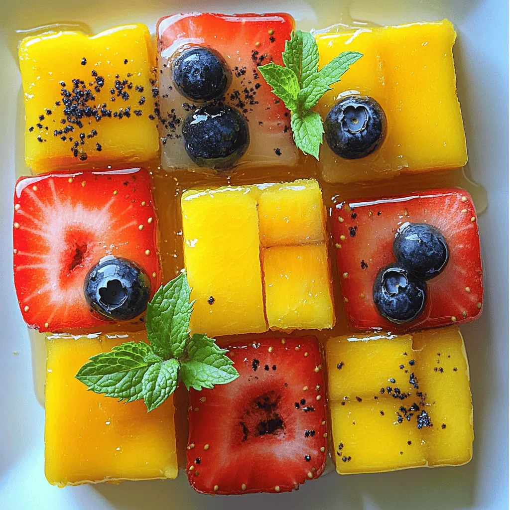To make your homemade fruit snacks, gather these simple ingredients: - 2 cups mixed fresh fruit (such as strawberries, mangoes, and blueberries) - 1/4 cup honey or maple syrup (for vegan option) - 2 tablespoons lemon juice - 1 tablespoon gelatin powder (or agar-agar for vegan option) - 1/2 cup water - Pinch of salt Feel free to customize your fruit snacks! Here are some great ideas: - Use any fruit you like, such as raspberries or peaches. - Swap honey for agave syrup if you want a vegan option. - Add a splash of vanilla for extra flavor. - Use coconut water instead of regular water for a tropical twist. Each ingredient brings unique health benefits: - Mixed fresh fruit: Packed with vitamins, minerals, and fiber. - Honey or maple syrup: Natural sweeteners that provide energy and antioxidants. - Lemon juice: High in vitamin C, it helps boost your immune system. - Gelatin or agar-agar: A source of protein and aids in digestion. - Water: Keeps you hydrated and aids in nutrient absorption. - Salt: A small pinch enhances flavor and balances sweetness. With these ingredients, you can create snacks that are not only tasty but also good for you. For the full recipe, check the Fruity Chewy Delights section above. Start by washing your fresh fruits. Use mixed fruits like strawberries, mangoes, and blueberries. Chop the larger fruits into small pieces. This makes blending easier and helps with even cooking. In a blender, add your chopped fruits. Pour in honey or maple syrup, lemon juice, and a pinch of salt. Blend until smooth. This fruit purée is the base for your snacks. You want it creamy and free of lumps. In a small saucepan, add water. Sprinkle the gelatin powder on top. Heat it over medium heat, stirring gently. Make sure it dissolves completely without boiling. Once done, take it off the heat. Then, mix the fruit purée into the gelatin. Stir until well combined. Pour your mixture into silicone molds or a lined baking dish. Spread it evenly, keeping it about 1/4 inch thick. Place it in the fridge for 2 to 4 hours. This helps it set completely. When ready, remove the snacks from the molds or cut them into squares. Store your snacks in an airtight container for up to a week. For a fun touch, serve them on a colorful plate with fresh mint leaves. Enjoy your fruity chewy delights! You can find the full recipe above. To get the right texture, blend your fruit well. You want a smooth purée. If it’s too thick, add more water slowly. Too much water will make your snacks too soft. Use the right amount of gelatin. Follow the recipe closely for best results. If using agar-agar, be sure to heat it correctly. It needs more heat to set compared to gelatin. Check the snacks after they cool in the fridge. They should be firm, yet pliable. Mixing fruits can create tasty snacks. Try strawberries and mango for a sweet treat. Blueberries and lemon juice add a tart kick. For something tropical, use pineapple and coconut. You can also mix berries for a burst of color and flavor. Don’t shy away from herbs, either. Mint or basil can add a fresh twist. Experiment with these ideas to find your favorite mix. One common mistake is not measuring ingredients properly. This can affect the taste and texture. Another mistake is skipping the lemon juice. It helps balance the sweetness and keeps the color bright. Make sure to let the snacks set fully in the fridge. If you cut them too early, they will fall apart. Lastly, avoid using overly ripe fruit. It can change the flavor and texture of your snacks. Stick to fresh, firm fruit for the best results. For the complete recipe, check out Fruity Chewy Delights. {{image_2}} To make vegan fruit snacks, swap gelatin for agar-agar. Agar-agar is a plant-based thickener. It works well and keeps the snacks chewy. Use the same amount as gelatin in the recipe. This small change keeps your fruit snacks tasty and vegan-friendly. You can mix and match fruits to make unique flavors. Try combinations like pineapple and mango, or raspberry and blueberry. Each fruit brings its own taste and color. Mixing fruits also boosts nutrients. Get creative! Use fruits that are in season for the best flavor. While honey adds sweetness, you can also use maple syrup. For a sugar-free option, try stevia or agave nectar. Adjust the amount based on your taste. Each sweetener has its own flavor. Experimenting lets you find the perfect balance for your fruit snacks. Feel free to check the Full Recipe for more details. To keep your homemade fruit snacks fresh and tasty, store them in an airtight container. This prevents air from getting in and keeps them moist. Place a piece of parchment paper between layers if you stack them. This helps avoid sticking. Make sure to store them in the fridge. The cool temperature keeps them from spoiling too soon. Homemade fruit snacks last about one week in the fridge. To ensure they stay fresh, check for any signs of spoilage. If they look or smell off, it’s best to toss them. Always seal the container tightly to keep moisture out. For extra freshness, consume them within the first few days. If you want to store your fruit snacks for longer, freezing is a great option. Cut them into pieces before freezing. Arrange them in a single layer on a baking sheet so they don't stick together. Freeze for about two hours. Then transfer them to a freezer-safe bag or container. This way, you can enjoy a fruity treat anytime! When you're ready to eat them, let them thaw in the fridge overnight. For the full recipe, you can refer to the Fruity Chewy Delights section. To make homemade fruit snacks, start with fresh fruits. You can use strawberries, mangoes, or blueberries. Blend them with honey or maple syrup and lemon juice. Dissolve gelatin in warm water, then mix it with the fruit blend. Pour into molds and chill until set. Check the [Full Recipe] for detailed steps. Yes, homemade fruit snacks are healthier. You control the ingredients and avoid added sugars. Store-bought snacks often contain preservatives and artificial flavors. With homemade snacks, you know exactly what you eat. Yes, you can use frozen fruits. Just thaw them before blending. They may change texture slightly, but the flavor remains great. This option is perfect when fresh fruits are not available. Homemade fruit snacks last about one week in the fridge. Store them in an airtight container to keep them fresh. If you want them to last longer, consider freezing them. Silicone molds work best for fruit snacks. They are flexible and make it easy to pop out the snacks once set. You can also use a lined baking dish and cut the snacks into squares. Homemade fruit snacks are fun and easy to make. We covered the ingredients, step-by-step instructions, and useful tips. You can even try different flavors and recipes. Remember to store them properly for the best taste. With these skills, you can create tasty snacks that are healthier than store-bought ones. Enjoy experimenting with fruits and flavors, and you’ll find your favorite combinations. Making your own fruit snacks is rewarding and delicious!