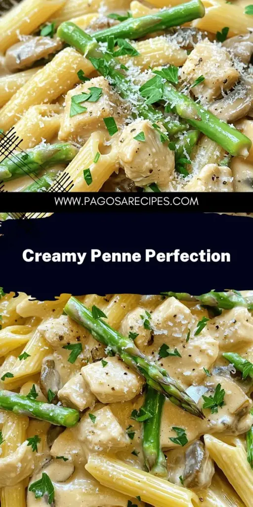 Elevate your weeknight dinners with this delicious Creamy Mushroom and Asparagus Chicken Penne recipe! This hearty dish combines tender chicken, fresh asparagus, and rich cream sauce over perfectly cooked penne. It's simple to make and perfect for customizing with your favorite ingredients. Explore easy tips and mouthwatering variations to make this dish uniquely yours. Click through for the full recipe and start cooking a meal everyone will love!