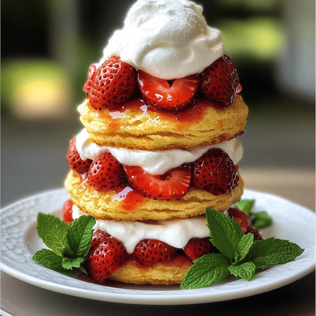 To make an easy strawberry shortcake, gather these simple ingredients: - 2 cups fresh strawberries, hulled and sliced - 1/4 cup granulated sugar - 2 cups all-purpose flour - 2 teaspoons baking powder - 1/2 teaspoon baking soda - 1/2 teaspoon salt - 1/4 cup unsalted butter, cold and cubed - 3/4 cup heavy cream - 1 teaspoon vanilla extract - 1 cup whipped cream (store-bought or homemade) - Fresh mint leaves for garnish (optional) Using fresh ingredients makes a big difference in flavor. Strawberries should be bright red and sweet. The sugar helps the strawberries release their juices. This mix creates a tasty syrup for the shortcake. The flour, baking powder, and baking soda are key for a light and fluffy cake. Butter adds richness. Heavy cream and vanilla give a creamy texture and nice flavor. Finally, whipped cream on top makes it extra special. If you want a bit of color, use fresh mint leaves as garnish. They add a nice touch to your plate. For the full recipe, check out the details on how to put these ingredients together! To make the strawberries shine, you need to macerate them. Start by hulling and slicing 2 cups of fresh strawberries. Then, place them in a medium bowl and sprinkle with 1/4 cup of granulated sugar. Toss the strawberries gently to coat them in sugar. This step helps release their natural juices. Let the strawberries sit for at least 30 minutes. This waiting time allows them to become juicy and flavorful. Now, we need to prepare the shortcake. Preheat your oven to 425°F (220°C). In a large bowl, mix together 2 cups of all-purpose flour, 2 teaspoons of baking powder, 1/2 teaspoon of baking soda, and 1/2 teaspoon of salt. This mixture is the base of your shortcake. Next, we incorporate the butter. Add 1/4 cup of cold, cubed unsalted butter to the flour mix. Use a pastry cutter or your fingers to work the butter into the flour. Aim for a texture that looks like coarse crumbs. This step adds richness to your shortcake. It's time to shape the dough. Pour 3/4 cup of heavy cream and 1 teaspoon of vanilla extract into the flour mixture. Stir gently until just combined. Don't overmix; a few lumps are fine. Turn the dough out onto a lightly floured surface. Knead it gently just a few times. Pat the dough into a rectangle about 1 inch thick. Now, use a biscuit cutter or a round glass to cut out the shortcakes. You should get about 8 to 10 shortcakes. Place them on a baking sheet lined with parchment paper. Bake the shortcakes in the preheated oven for about 15 to 18 minutes. They should turn golden brown when done. Let them cool slightly on a wire rack before assembling your delightful strawberry shortcake. For the full recipe and additional tips, check the Full Recipe. To make the best strawberry shortcake, avoid these common mistakes: - Overmixing the Dough: When you mix your wet and dry ingredients, stop as soon as they combine. Lumps are okay. Overmixing makes the cake tough. - Not Using Cold Butter: Cold butter gives your shortcake a nice, flaky texture. If the butter is warm, your shortcake may turn out dense. To ensure a fluffy texture, try these tips: - Use Fresh Ingredients: Fresh flour and baking powder make a big difference. Check dates on your baking powder. - Don’t Skip the Chill Time: After baking, let your shortcakes cool on a wire rack. This keeps them light and airy. Get creative when presenting your shortcake. Here are some fun ideas: - Layer It Up: Instead of stacking, try a parfait style. Layer shortcake, strawberries, and whipped cream in a glass. This looks fancy and tastes amazing! - Play with Sauces: Drizzle some strawberry syrup from the macerating process over the top. It adds extra flavor and looks pretty. For flavors and garnishes, consider these pairings: - Mint Leaves: Fresh mint adds a nice touch. It complements the strawberries well. - Citrus Zest: A bit of lemon or orange zest on top brings brightness. It enhances the whole dessert. For more tips, check the Full Recipe. Enjoy making your easy strawberry shortcake! {{image_2}} You can easily add new flavors to your strawberry shortcake. One fun way is to mix in citrus zest. Try using lemon or orange zest in the dough. This gives the shortcake a fresh and bright taste. Just a teaspoon or two will do! You can also change the fruit toppings. Instead of just strawberries, use blueberries, raspberries, or peaches. Each fruit brings its own unique flavor. You can even mix different fruits for a colorful twist. If you're looking for lighter options, you can use low-fat ingredients. Swap heavy cream for low-fat cream or Greek yogurt. This keeps the taste but cuts down on calories. For those who need gluten-free options, you can substitute the all-purpose flour with a gluten-free blend. Make sure it has a good rise. This way, everyone can enjoy a delicious shortcake without worry. To keep your shortcake fresh, store it in an airtight container. Place it in the fridge. The shortcake will stay good for up to two days. If you want to keep the strawberries fresh, store them separately. Place them in a bowl covered with plastic wrap. This will help them stay juicy and sweet. Yes, you can freeze the shortcake! It’s best to freeze it before adding the strawberries and cream. Wrap each shortcake in plastic wrap, then place them in a freezer bag. This helps keep them safe from freezer burn. They can last for up to three months. When you're ready to enjoy them, thaw in the fridge overnight. Reheat in the oven for a few minutes to restore their warmth. For the strawberries, you can freeze them too! Just slice them and toss them with a little sugar. Spread them on a baking sheet and freeze until solid. Then, transfer to a freezer bag. This way, you can enjoy strawberry shortcake any time! For the full recipe, check the earlier section. To make strawberry shortcake from scratch, follow these key steps: 1. Prepare the strawberries by mixing them with sugar. Let them sit to release juices. 2. Mix dry ingredients like flour, baking powder, baking soda, and salt. 3. Add cold butter to the dry mix and blend until crumbly. 4. In another bowl, mix heavy cream and vanilla. Combine with dry ingredients. 5. Shape the dough and cut out rounds. 6. Bake until golden brown. 7. Assemble by layering strawberries and whipped cream between shortcake halves. This process creates a delightful treat. You can find the detailed steps in the Full Recipe. Yes, you can use frozen strawberries for your shortcake. Here are some tips: - Thaw the strawberries first to bring out their juices. - Drain excess liquid to avoid a soggy shortcake. - Add a little sugar if they are not sweet enough. - Use them in the same way as fresh strawberries. Using frozen berries can still yield tasty results, especially when fresh ones are not available. To serve shortcake beautifully, consider these tips: - Use elegant plates to enhance presentation. - Drizzle the strawberry syrup around the shortcake for flair. - Garnish with fresh mint leaves for a pop of color. - Serve with extra whipped cream on the side. These ideas make your strawberry shortcake a feast for the eyes and the taste buds! You learned how to make a delicious strawberry shortcake. We covered fresh ingredients, simple steps, and tips to perfect it. Remember to avoid common mistakes to ensure a fluffy texture. Enjoy creative ways to serve and store leftovers. Whether you choose sweet or healthy variations, there is always a way to make this dessert your own. Now, gather your ingredients and delight yourself with this treat. Happy baking!