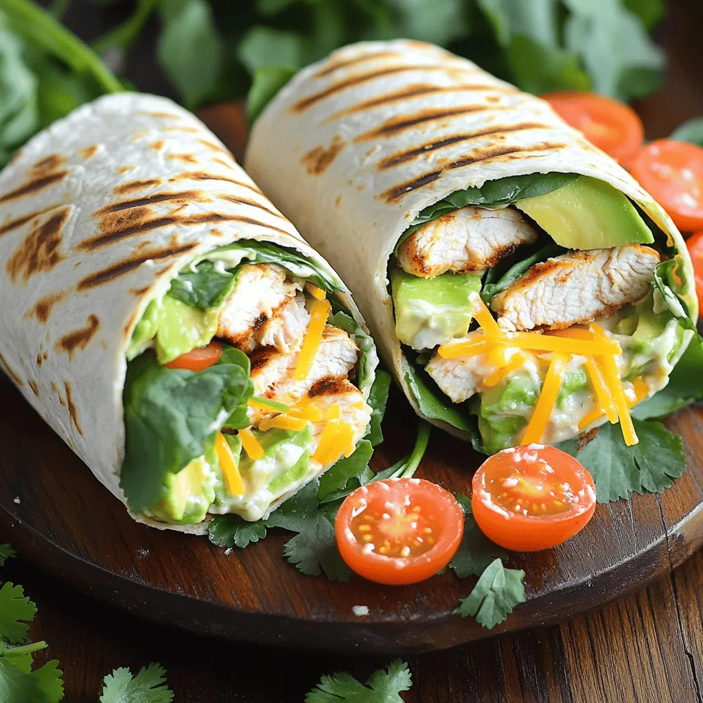 - 2 boneless, skinless chicken breasts - 4 large flour tortillas - 1 ripe avocado, sliced - 1 cup baby spinach - ½ cup ranch dressing