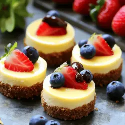 To make these tasty no-bake cheesecake bites, gather the following items: - 8 oz cream cheese, softened - 1/2 cup powdered sugar - 1 tsp vanilla extract - 1 cup heavy cream - 1 cup graham cracker crumbs - 4 tbsp unsalted butter, melted - 1/4 cup fresh berries (strawberries, blueberries, or raspberries) for garnish - Optional: chocolate chips or caramel sauce for drizzling If you have dietary needs, you can swap some ingredients. Here are some ideas: - For a dairy-free option, use vegan cream cheese and coconut cream. - Instead of powdered sugar, try using maple syrup or agave nectar for sweetness. - Use gluten-free graham crackers or nuts for a crust that fits gluten-free diets. - You can also add a low-sugar option by using a sugar substitute. Accurate measurements matter in baking. Here are some tips: - Use a kitchen scale for precise measurements, especially for cream cheese and sugar. - For sticky ingredients like butter, spray your measuring cup with a little oil. - When measuring heavy cream, pour it to the desired line for best results. - Always pack graham cracker crumbs lightly in your measuring cup for a firm crust. These ingredients and tips will help you create the best no-bake cheesecake bites. For the complete recipe, check out the Full Recipe. To start, grab a mixing bowl. Place the softened cream cheese in it. Use an electric mixer to beat the cream cheese until it becomes smooth and creamy. This step is key for a great texture. Slowly add the powdered sugar and vanilla extract. Mix until everything is well blended. Now, take another bowl and whip the heavy cream. Keep mixing until you see stiff peaks form. This means the cream is ready. Next, gently fold the whipped cream into the cream cheese mixture. Be careful not to deflate the cream. This folding gives the cheesecake its light and fluffy texture. For the crust, you need a separate bowl. Combine the graham cracker crumbs with the melted butter. Stir until the crumbs feel moist, like wet sand. This is important for the crust to hold together. Next, line a mini muffin pan with paper liners. If you don’t have liners, spray the pan with non-stick cooking spray. Take about one tablespoon of the graham cracker mixture. Press it firmly into the bottom of each muffin cup. Make sure it’s packed well to form a solid base. Now, it’s time to assemble your cheesecake bites. Spoon or pipe the cheesecake mixture on top of each crust. Fill each cup all the way to the top. This makes for a nice presentation. Once you've filled all the cups, put the mini cheesecakes in the refrigerator. Let them chill for at least two hours. This helps them set properly. After they are firm, gently remove them from the muffin pan. Top each mini cheesecake with fresh berries, if you like. You can also drizzle chocolate chips or caramel sauce on top for added flavor. Enjoy these delightful treats! For the complete recipe, check out the Full Recipe section. One big mistake is overmixing the cream cheese. This can make it too runny. Mix it just until smooth. Another mistake is not chilling long enough. If you rush this step, the bites may fall apart. Make sure to refrigerate for at least two hours. Lastly, avoid using warm butter in the crust. It should be melted but not hot, or it will turn the crumbs soggy. For a light and fluffy texture, whip the heavy cream until stiff peaks form. This makes the cheesecake creamy and airy. When you fold the whipped cream into the cream cheese, do it gently. This keeps the mixture light. You want to mix just until everything is combined. Overmixing can lead to a dense cheesecake. To make your bites look great, use mini cupcake liners. They add color and make serving easy. Top each cheesecake bite with fresh berries for a pop of color. Drizzle chocolate or caramel sauce on top for extra flair. Arrange them on a nice platter to impress your guests. For the full recipe, don’t forget to check out the detailed steps! {{image_2}} You can change the flavor of your cheesecake bites easily. Try adding lemon juice for a tangy twist. A bit of cocoa powder gives a rich chocolate taste. You can also mix in different extracts. Almond extract adds a nice nutty flavor. You can even fold in crushed cookies or candy for fun flavors. Garnishing makes your cheesecake bites look great. Fresh fruit is always a hit. Berries like strawberries, blueberries, or raspberries work well. You can also use whipped cream for extra sweetness. If you love chocolate, drizzle some melted chocolate on top. Caramel sauce is another tasty option. Try crushed nuts for a crunchy topping. While graham cracker crust is classic, feel free to explore. Use crushed cookies, like Oreos or vanilla wafers. A nut-based crust adds a unique flavor and texture. You can even try a cookie dough crust for something different. Just remember to mix the crumbs with melted butter to hold it together. This makes your cheesecake bites even more special. To see the full recipe, check out the [Full Recipe]. Store your no-bake cheesecake bites in an airtight container. This keeps them fresh and prevents drying out. Use parchment paper between layers if stacking them. Always refrigerate the bites if you are not serving them right away. They stay cool and yummy this way. These cheesecake bites last about 4 to 5 days in the fridge. If you want to keep them longer, freeze them! They can stay fresh in the freezer for up to 2 months. Just make sure to wrap each bite in plastic wrap before placing them in a freezer bag. This helps avoid freezer burn and keeps them tasty. You do not need to reheat the cheesecake bites. They taste best chilled. When ready to serve, remove them from the fridge or freezer. If frozen, let them sit at room temperature for about 15 minutes before serving. Top them with fresh berries or a drizzle of chocolate sauce for extra flair. For the full recipe, check out the earlier section. No-bake cheesecake bites last up to five days in the fridge. Store them in an airtight container. If you keep them sealed well, they will stay fresh and tasty. The longer they sit, the softer the crust may get, but they still taste great! Absolutely! You can make these cheesecake bites one or two days before serving. Just follow the full recipe and chill them after you assemble them. They set well in the fridge, and this makes them perfect for parties or gatherings. You can swap ingredients if needed. For cream cheese, try Greek yogurt or ricotta. Use coconut cream for a dairy-free option. If you don't have powdered sugar, granulated sugar works too. You can even switch graham cracker crumbs for crushed cookies or nuts. This allows you to customize your bites based on taste or dietary needs. In this post, we covered everything about no-bake cheesecake bites. We talked about key ingredients, alternative options for diets, and measurement tips. Then, I outlined step-by-step instructions to make these treats perfectly. We shared tips to enhance texture and presentation. I also explored fun flavor variations and storage advice. These bites are easy and fun to make. Enjoy experimenting with your own touches and flavors. Try serving them at your next gathering. Your guests will love them!