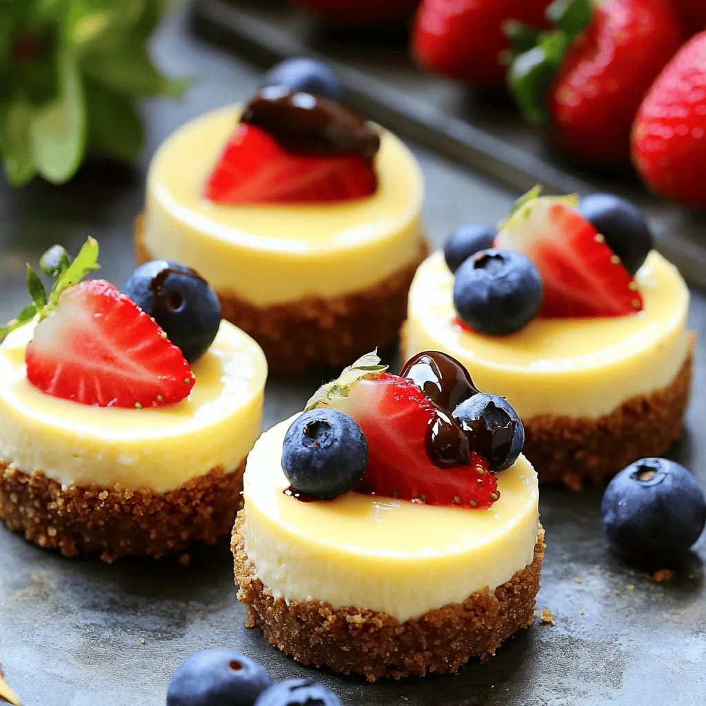 To make these tasty no-bake cheesecake bites, gather the following items: - 8 oz cream cheese, softened - 1/2 cup powdered sugar - 1 tsp vanilla extract - 1 cup heavy cream - 1 cup graham cracker crumbs - 4 tbsp unsalted butter, melted - 1/4 cup fresh berries (strawberries, blueberries, or raspberries) for garnish - Optional: chocolate chips or caramel sauce for drizzling If you have dietary needs, you can swap some ingredients. Here are some ideas: - For a dairy-free option, use vegan cream cheese and coconut cream. - Instead of powdered sugar, try using maple syrup or agave nectar for sweetness. - Use gluten-free graham crackers or nuts for a crust that fits gluten-free diets. - You can also add a low-sugar option by using a sugar substitute. Accurate measurements matter in baking. Here are some tips: - Use a kitchen scale for precise measurements, especially for cream cheese and sugar. - For sticky ingredients like butter, spray your measuring cup with a little oil. - When measuring heavy cream, pour it to the desired line for best results. - Always pack graham cracker crumbs lightly in your measuring cup for a firm crust. These ingredients and tips will help you create the best no-bake cheesecake bites. For the complete recipe, check out the Full Recipe. To start, grab a mixing bowl. Place the softened cream cheese in it. Use an electric mixer to beat the cream cheese until it becomes smooth and creamy. This step is key for a great texture. Slowly add the powdered sugar and vanilla extract. Mix until everything is well blended. Now, take another bowl and whip the heavy cream. Keep mixing until you see stiff peaks form. This means the cream is ready. Next, gently fold the whipped cream into the cream cheese mixture. Be careful not to deflate the cream. This folding gives the cheesecake its light and fluffy texture. For the crust, you need a separate bowl. Combine the graham cracker crumbs with the melted butter. Stir until the crumbs feel moist, like wet sand. This is important for the crust to hold together. Next, line a mini muffin pan with paper liners. If you don’t have liners, spray the pan with non-stick cooking spray. Take about one tablespoon of the graham cracker mixture. Press it firmly into the bottom of each muffin cup. Make sure it’s packed well to form a solid base. Now, it’s time to assemble your cheesecake bites. Spoon or pipe the cheesecake mixture on top of each crust. Fill each cup all the way to the top. This makes for a nice presentation. Once you've filled all the cups, put the mini cheesecakes in the refrigerator. Let them chill for at least two hours. This helps them set properly. After they are firm, gently remove them from the muffin pan. Top each mini cheesecake with fresh berries, if you like. You can also drizzle chocolate chips or caramel sauce on top for added flavor. Enjoy these delightful treats! For the complete recipe, check out the Full Recipe section. One big mistake is overmixing the cream cheese. This can make it too runny. Mix it just until smooth. Another mistake is not chilling long enough. If you rush this step, the bites may fall apart. Make sure to refrigerate for at least two hours. Lastly, avoid using warm butter in the crust. It should be melted but not hot, or it will turn the crumbs soggy. For a light and fluffy texture, whip the heavy cream until stiff peaks form. This makes the cheesecake creamy and airy. When you fold the whipped cream into the cream cheese, do it gently. This keeps the mixture light. You want to mix just until everything is combined. Overmixing can lead to a dense cheesecake. To make your bites look great, use mini cupcake liners. They add color and make serving easy. Top each cheesecake bite with fresh berries for a pop of color. Drizzle chocolate or caramel sauce on top for extra flair. Arrange them on a nice platter to impress your guests. For the full recipe, don’t forget to check out the detailed steps! {{image_2}} You can change the flavor of your cheesecake bites easily. Try adding lemon juice for a tangy twist. A bit of cocoa powder gives a rich chocolate taste. You can also mix in different extracts. Almond extract adds a nice nutty flavor. You can even fold in crushed cookies or candy for fun flavors. Garnishing makes your cheesecake bites look great. Fresh fruit is always a hit. Berries like strawberries, blueberries, or raspberries work well. You can also use whipped cream for extra sweetness. If you love chocolate, drizzle some melted chocolate on top. Caramel sauce is another tasty option. Try crushed nuts for a crunchy topping. While graham cracker crust is classic, feel free to explore. Use crushed cookies, like Oreos or vanilla wafers. A nut-based crust adds a unique flavor and texture. You can even try a cookie dough crust for something different. Just remember to mix the crumbs with melted butter to hold it together. This makes your cheesecake bites even more special. To see the full recipe, check out the [Full Recipe]. Store your no-bake cheesecake bites in an airtight container. This keeps them fresh and prevents drying out. Use parchment paper between layers if stacking them. Always refrigerate the bites if you are not serving them right away. They stay cool and yummy this way. These cheesecake bites last about 4 to 5 days in the fridge. If you want to keep them longer, freeze them! They can stay fresh in the freezer for up to 2 months. Just make sure to wrap each bite in plastic wrap before placing them in a freezer bag. This helps avoid freezer burn and keeps them tasty. You do not need to reheat the cheesecake bites. They taste best chilled. When ready to serve, remove them from the fridge or freezer. If frozen, let them sit at room temperature for about 15 minutes before serving. Top them with fresh berries or a drizzle of chocolate sauce for extra flair. For the full recipe, check out the earlier section. No-bake cheesecake bites last up to five days in the fridge. Store them in an airtight container. If you keep them sealed well, they will stay fresh and tasty. The longer they sit, the softer the crust may get, but they still taste great! Absolutely! You can make these cheesecake bites one or two days before serving. Just follow the full recipe and chill them after you assemble them. They set well in the fridge, and this makes them perfect for parties or gatherings. You can swap ingredients if needed. For cream cheese, try Greek yogurt or ricotta. Use coconut cream for a dairy-free option. If you don't have powdered sugar, granulated sugar works too. You can even switch graham cracker crumbs for crushed cookies or nuts. This allows you to customize your bites based on taste or dietary needs. In this post, we covered everything about no-bake cheesecake bites. We talked about key ingredients, alternative options for diets, and measurement tips. Then, I outlined step-by-step instructions to make these treats perfectly. We shared tips to enhance texture and presentation. I also explored fun flavor variations and storage advice. These bites are easy and fun to make. Enjoy experimenting with your own touches and flavors. Try serving them at your next gathering. Your guests will love them!