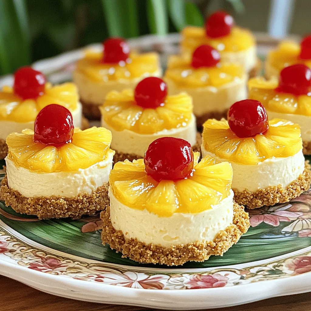 To make these tasty treats, you need a few key ingredients: - 1 cup graham cracker crumbs - 1/4 cup unsalted butter, melted - 2 tablespoons sugar - 8 oz cream cheese, softened - 1/2 cup powdered sugar - 1 teaspoon vanilla extract - 1 cup crushed pineapple, drained - 1/4 cup sour cream - 1/2 teaspoon ground cinnamon - 12 maraschino cherries, for garnish