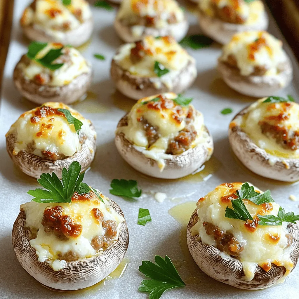 - 20 large white mushrooms - 1 cup Italian sausage - 1/2 cup cream cheese - 1/2 cup shredded mozzarella cheese