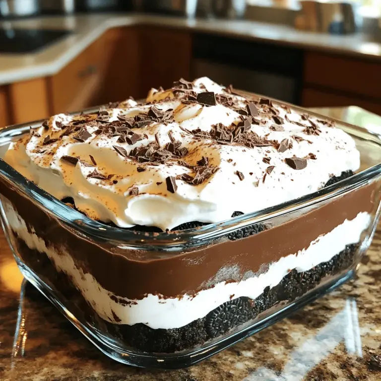 To make this delicious Chocolate Lasagna, you need a few simple ingredients. Here is the complete list: - 1 package (15 oz) Oreo cookies, finely crushed - ½ cup unsalted butter, melted - 2 cups cream cheese, softened - 1 cup powdered sugar - 1 teaspoon vanilla extract - 3 cups whipped topping (like Cool Whip) - 1 cup chocolate pudding mix - 2 ¾ cups milk - 1 cup semi-sweet chocolate chips - 1 cup cocoa powder - Chocolate shavings or cocoa powder for garnish Each ingredient plays a key role in creating the perfect layers. The Oreo cookies form a crunchy base. The cream cheese layer adds richness and tang. The chocolate pudding brings a creamy, chocolatey flavor. Finally, the whipped topping gives it a light, fluffy finish. Make sure to gather all these ingredients before you start. It helps to have everything ready to go. This keeps the process smooth and fun! For the full recipe, check out the detailed instructions on how to create this heavenly dessert. To start, mix the crushed Oreo cookies with melted butter in a large bowl. Ensure the cookies and butter blend well. You want a sandy texture. Next, press this mixture firmly into the bottom of a 9x13 inch baking dish. This forms the crust. Chill the dish in the fridge for about 10 minutes to help the crust set. In another bowl, take softened cream cheese and beat it until smooth. Slowly add powdered sugar and vanilla extract. Mix until creamy and combined. Next, gently fold in 2 cups of the whipped topping. This adds lightness. Spread this cream cheese layer over the chilled Oreo crust. In a separate bowl, combine the chocolate pudding mix with 2 ¾ cups of milk. Whisk this for about 2 minutes. The mixture should thicken nicely. Carefully spread this chocolate pudding layer over the cream cheese layer in the baking dish. Now it’s time for the final touch! Spread the remaining whipped topping evenly over the chocolate pudding layer. Use a spatula to smooth it out. This makes the dessert look neat and inviting. Cover the baking dish with plastic wrap. Place it in the fridge for at least 4 hours, or overnight if you can wait. This chilling time helps all the layers firm up and blend nicely. When you’re ready to serve, sprinkle cocoa powder or chocolate shavings on top. This adds a nice touch and enhances the chocolate flavor. Slice the dessert into squares and serve it chilled. Enjoy your delightful chocolate lasagna! For the complete recipe, check the [Full Recipe]. To get those perfect layers in your chocolate lasagna, make sure each layer sets well. After you press the crust, chill it for about 10 minutes. This helps it firm up before adding the next layer. For the cream cheese layer, use room-temperature cream cheese. This ensures it blends smoothly with the sugar and vanilla. A smooth mixture makes for a better spread. Feel free to switch up the cookies for the crust. You can try chocolate wafer cookies or even graham crackers. For a twist, use gluten-free cookies or dairy-free alternatives. Look for dairy-free cream cheese and whipped topping to keep it light. This way, you can enjoy chocolate lasagna while sticking to your diet. When serving chocolate lasagna, consider pairing it with fresh berries or scoop of vanilla ice cream. These add a nice contrast to the rich chocolate. It works well for parties, family gatherings, or even a simple weeknight treat. Serve it chilled for the best taste. {{image_2}} You can make a quicker version of chocolate lasagna using pre-made ingredients. Instead of making the crust from crushed Oreos, buy a ready-made chocolate crust. This saves time and effort. Also, you can use instant chocolate pudding mix. Just mix it with cold milk, and it will set fast. When adjusting the ingredients, ensure the proportions remain the same. If you choose a pre-made crust, skip the chilling step for the crust. You can layer the dessert right away. This way, you can enjoy your dessert sooner. Want to change things up? You can add peanut butter to the cream cheese layer. Simply mix in half a cup of creamy peanut butter when blending the cream cheese. This adds a nutty flavor and richness. Mint lovers can add a few drops of peppermint extract to the cream cheese layer. This gives the dish a refreshing twist. For toppings, consider crushed cookies, chopped nuts, or even fresh berries. These add texture and flavor to your dessert. If you want a lighter dessert, you can reduce the sugar in the cream cheese layer. Use half the amount of powdered sugar. You can also swap out regular cream cheese for low-fat cream cheese. This cuts calories without losing flavor. For a lighter chocolate lasagna, consider using sugar-free pudding mix or almond milk. These small changes can make a big difference. You can still enjoy this treat while being mindful of your health. For more ideas, check the Full Recipe for additional options. To keep your chocolate lasagna fresh, choose the right storage container. I recommend using a glass or plastic dish with a lid. If you don't have one, wrap it tightly with plastic wrap. This helps prevent air from getting in. Store it in the fridge, where it stays cool and firm. Avoid placing it near strong-smelling foods, as it can absorb those odors. If you want to save chocolate lasagna for later, you can freeze it. Slice it into squares before freezing. Use an airtight container or wrap pieces in plastic wrap. This way, they stay fresh. When you're ready to enjoy it, take it out of the freezer. Place it in the fridge for a few hours to thaw. You can also let it sit at room temperature for about 30 minutes. In the fridge, chocolate lasagna lasts about 4 to 5 days. If you freeze it, it can stay good for up to 2 months. Just remember to check for any signs of freezer burn. If it looks off, it’s best to discard it. Enjoy your chocolate lasagna at its best by following these storage tips! Chocolate lasagna is a sweet, no-bake dessert. It has layers of creamy goodness and crunchy crust. The base is made with crushed Oreo cookies mixed with butter. The dish has three main layers: cream cheese, chocolate pudding, and whipped topping. Each layer adds flavor and texture. You can slice it into squares for easy serving. Yes, you can make chocolate lasagna a day before serving. This dessert tastes better when it sits in the fridge for a while. Prepare it, then cover it well with plastic wrap. Refrigerate it for at least four hours, or overnight if possible. This way, the layers will set nicely, and the flavors will blend. One mistake is not chilling the crust long enough. If the base is warm, it may crumble. Another is not using room-temperature cream cheese. Cold cream cheese will not mix well. Make sure to spread each layer evenly. This helps keep the layers distinct and beautiful. Lastly, let it chill properly before serving to ensure a firm texture. Yes, you can make chocolate lasagna to fit different diets. For a gluten-free version, use gluten-free cookies for the crust. Check the pudding mix to ensure it is gluten-free as well. To make it dairy-free, use dairy-free cream cheese and whipped topping. You can also find dairy-free pudding mix. There are many options for everyone to enjoy this treat! This chocolate lasagna is a fun and delicious treat to make. From the layers of creamy filling to the crunchy crust, every bite is delightful. Remember to chill your layers for the best texture and flavor. You can always experiment with different cookies or toppings to make it your own. Whether for a party or just a family dessert, this recipe is sure to impress. Enjoy creating and sharing this easy, no-bake delight!