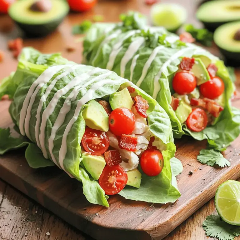 - 2 cups cooked chicken breast, shredded or diced - 4 slices crispy bacon, chopped - 1 large avocado, diced - 1 cup cherry tomatoes, halved - 1/2 cup mayonnaise - 1 tablespoon lime juice - 1 tablespoon Dijon mustard - Salt and pepper to taste - 1 tablespoon fresh cilantro, chopped (optional) - 1 head of romaine or butter lettuce, leaves separated