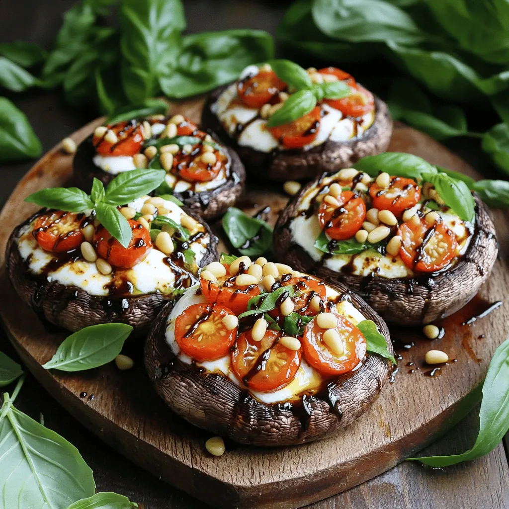 - 4 large portobello mushrooms - 1 cup cherry tomatoes, halved - 1 cup fresh mozzarella balls, halved - 1 cup fresh basil leaves, chopped - 2 tablespoons balsamic glaze - 2 tablespoons olive oil - 1 teaspoon garlic powder - Salt and pepper to taste - 1 tablespoon pine nuts, toasted (optional)