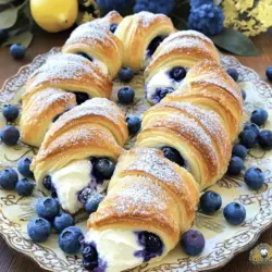 - 1 can (8 oz) refrigerated crescent rolls - 1 (8 oz) package cream cheese, softened - 1/3 cup powdered sugar - 1 teaspoon vanilla extract - 1 cup fresh blueberries (or frozen, thawed) - 1 tablespoon lemon juice - 1 egg (for egg wash) - Optional: Extra powdered sugar for dusting
