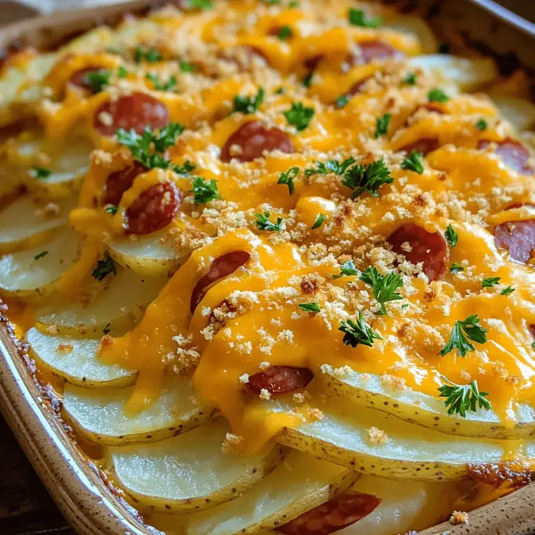 To make this tasty smoky kielbasa and cheesy potato casserole, gather these ingredients: - 1 lb smoky kielbasa, sliced - 4 medium russet potatoes, peeled and thinly sliced - 1 large onion, diced - 2 cloves garlic, minced - 2 cups shredded sharp cheddar cheese - 1 cup sour cream - 1 cup milk - 2 tablespoons olive oil - 1 teaspoon smoked paprika - 1 teaspoon black pepper - 1 teaspoon salt - 1/2 teaspoon dried thyme - 1/2 cup breadcrumbs (optional, for topping) - Fresh parsley, chopped (for garnish)