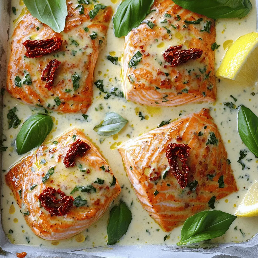 - Salmon fillets - Heavy cream - Sun-dried tomatoes - Fresh basil