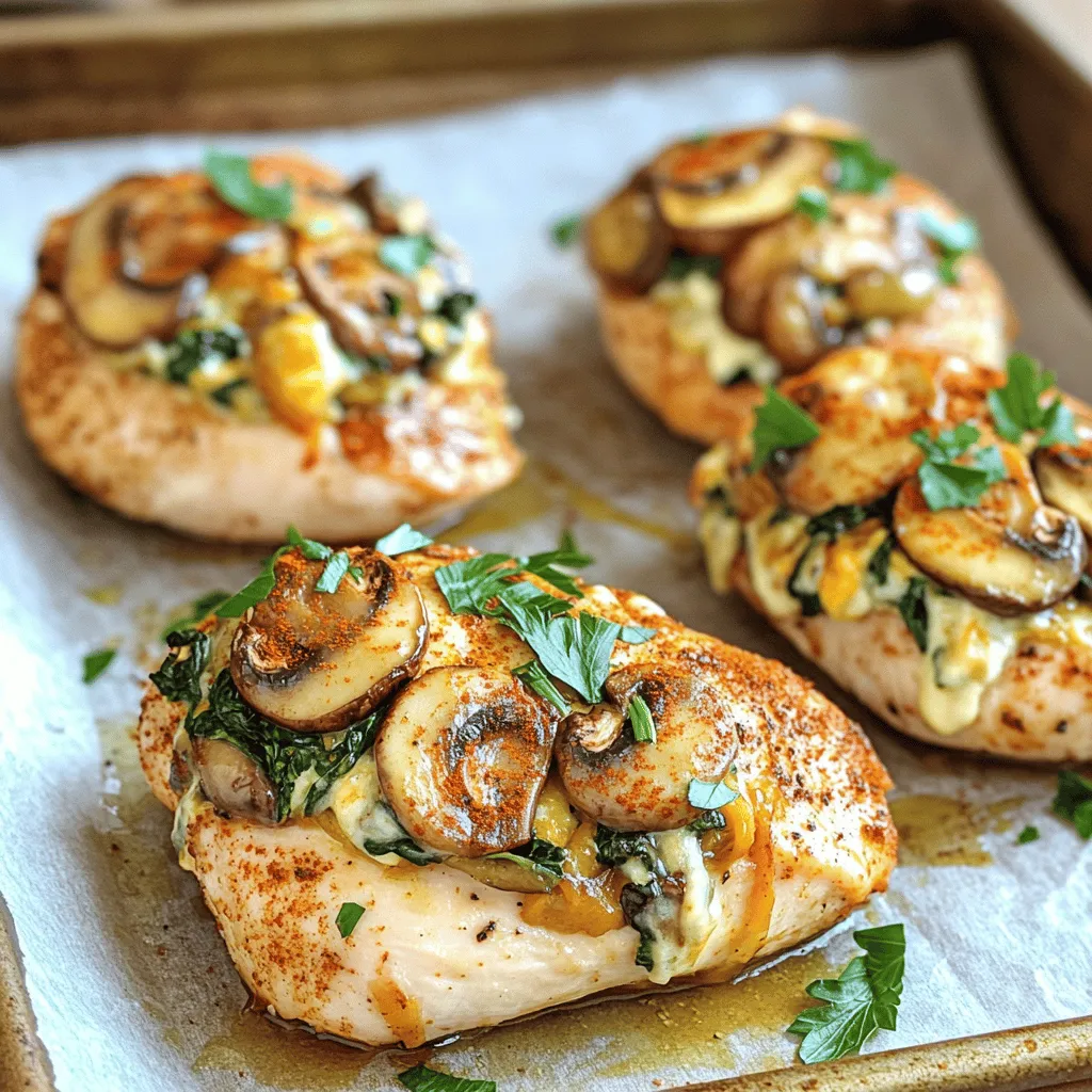 - 2 boneless, skinless chicken breasts - 1 cup mushrooms, finely chopped (such as cremini or button) - 1/2 cup spinach, chopped - 1/4 cup low-fat cream cheese, softened - 1/4 cup shredded low-fat mozzarella cheese - 1 clove garlic, minced - 1/4 teaspoon dried thyme - 1/4 teaspoon paprika - Salt and pepper to taste - 1 tablespoon olive oil - Fresh parsley, for garnish