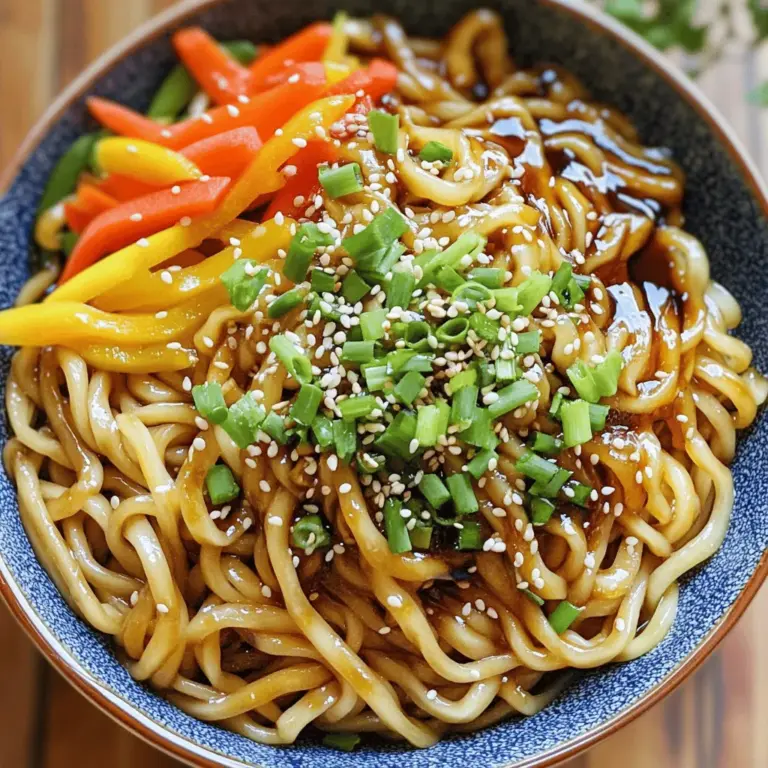 To make Shanghai Fried Noodles, gather these ingredients: - 8 oz Shanghai-style noodles (or thick rice noodles) - 1 tablespoon soy sauce - 1 tablespoon dark soy sauce - 1 tablespoon oyster sauce (or mushroom sauce for a vegetarian option) - 2 tablespoons vegetable oil - 2 garlic cloves, minced - 1 small carrot, julienned - 1 bell pepper (red or yellow), thinly sliced - 1 cup bean sprouts - 2 green onions, chopped - 2 large eggs, lightly beaten - Salt and pepper to taste - Sesame seeds for garnish (optional) Shanghai-style noodles are thicker and chewier than regular noodles. They give the dish a nice texture. Soy sauce adds saltiness and depth. Dark soy sauce brings a hint of sweetness and color. Oyster sauce enhances flavor and adds richness. If you're vegetarian, use mushroom sauce as a great substitute. Fresh vegetables like carrots and bell peppers add crunch and color. Bean sprouts give a light, fresh taste. Green onions add a mild, oniony flavor. Eggs are key for a protein boost and help bind the dish. For noodles, I recommend brands like King Soba or Lee Kum Kee. They offer quality and a good bite. For sauces, Kikkoman soy sauce is a trusted choice. Lee Kum Kee is my go-to for oyster sauce. Always check labels to find vegetarian options. Fresh vegetables are best, so visit your local market or grocery store. Making Shanghai fried noodles is simple and fun. You will cook the noodles first, then stir-fry fresh veggies, and add sauce. Finally, you mix it all together for a tasty dish. 1. Cook the Noodles: Start by boiling the Shanghai-style noodles. Follow the package instructions for timing. After cooking, drain them. Toss the noodles with a bit of oil to keep them from sticking. 2. Prepare the Sauce: In a small bowl, mix one tablespoon of soy sauce, one tablespoon of dark soy sauce, and one tablespoon of oyster sauce. Set this sauce aside for later. 3. Heat the Pan: In a large pan or wok, heat one tablespoon of vegetable oil over medium-high heat. Add two minced garlic cloves and sauté for 30 seconds until it smells great. 4. Add the Veggies: Next, add the julienned carrot and sliced bell pepper. Stir-fry these for 2-3 minutes until they are soft but still crisp. 5. Scramble the Eggs: Push the veggies to one side of the pan. Pour in two lightly beaten eggs into the empty space. Scramble them until fully cooked, then mix with the veggies. 6. Combine with Noodles: Add the cooked noodles to the pan. Pour the sauce mixture over everything. Toss all the ingredients together until they mix well and are heated through. 7. Finish with Bean Sprouts: Toss in the one cup of bean sprouts and chopped green onions. Stir-fry this for another minute, just until the sprouts are warm but still crunchy. 8. Season and Serve: Season your dish with salt and pepper to taste. Adjust the flavors if you need to. Serve hot and, if you like, sprinkle sesame seeds on top for extra flavor. While I can't show you videos here, many great cooking channels have step-by-step guides. Look for videos on making Shanghai fried noodles to see the process in action. This can help you feel more confident as you cook! To get the best flavor in your Shanghai fried noodles, use fresh ingredients. Fresh garlic, vegetables, and eggs make a big difference. I recommend sticking to Shanghai-style noodles. These noodles have the right texture. They absorb flavors well and give a nice chew. Also, don’t skip the sauces. The mix of soy sauce, dark soy sauce, and oyster sauce adds depth. This combo is key for that authentic taste. One common mistake is overcooking the noodles. They should be cooked just right—al dente. If you overcook them, they become mushy. Another mistake is not using enough oil. The oil helps to fry the noodles and gives them a nice sheen. Also, avoid overcrowding the pan. If you add too many ingredients at once, they steam instead of fry. Lastly, don’t forget to season. A little salt and pepper can enhance the dish greatly. For making Shanghai fried noodles, certain tools can help. A large wok is ideal for stir-frying. It heats quickly and evenly. A good spatula is important for tossing the noodles. I also suggest a sharp knife for cutting vegetables. A cutting board is essential for prep work. Lastly, have measuring spoons ready for sauces. These tools will make your cooking smoother and more enjoyable. For the full recipe, check the detailed instructions above! {{image_2}} If you want to enjoy Shanghai Fried Noodles without meat, it’s easy! You can replace the oyster sauce with mushroom sauce. This gives a rich flavor without using animal products. Also, add more vegetables. Try mushrooms, bok choy, or snap peas. These make your dish colorful and tasty. You can add various proteins to your fried noodles. Tofu is a great choice. It soaks up flavors well. You can also use tempeh for a nutty taste. If you prefer seafood, shrimp is delicious. Just cook it until pink and tender. Chicken or beef also works nicely. Cut them into small pieces for quick cooking. Shanghai Fried Noodles can change based on where you are. In some areas, people add chili paste for heat. Others use hoisin sauce for a sweet twist. You might find different vegetables too, based on local markets. For instance, in Sichuan, they may add peanuts for crunch. Experiment with spices like five-spice powder to create new flavors. Try out these variations to find your favorite combination. You can also check out the Full Recipe for more ideas! After you enjoy your Shanghai fried noodles, store any leftovers in a container. Make sure the container is airtight. This keeps the noodles fresh. Let the noodles cool to room temperature before sealing. Stored this way, your noodles can last in the fridge for up to three days. To reheat your noodles, use a skillet on low heat. Add a splash of water or oil to prevent sticking. Stir the noodles gently. Heat until warm. You can also microwave them in a bowl. Cover with a damp paper towel and heat for one to two minutes. Stir halfway for even heating. If you want to freeze your noodles, do it right after cooking. Place them in a freezer-safe bag. Remove as much air as you can before sealing. These noodles can stay frozen for up to three months. When you’re ready to eat, thaw them in the fridge overnight. Reheat as mentioned above. Enjoy your meal again! Shanghai-style noodles are thick, chewy noodles. They are made from wheat flour and water. These noodles are perfect for stir-frying. They soak up flavors well and have a great texture. You can find them fresh or dried in stores. They are key to making this dish special. Yes, you can use other noodles if needed. Thick rice noodles work great as a substitute. You can also try egg noodles for a twist. The key is to choose noodles that can hold up in stir-frying. Just follow the cooking times on the package for best results. To make Shanghai Fried Noodles gluten-free, choose rice noodles instead. Check the sauce labels for gluten-free options. Use tamari instead of soy sauce, and ensure your oyster sauce is gluten-free. With these swaps, you can enjoy a tasty dish without gluten. You can use various proteins in this dish. Chicken, shrimp, or beef are popular choices. Tofu is a great option for a vegetarian meal. Just cook the protein first before adding the noodles. This way, all the flavors mix well. You can find authentic Shanghai Fried Noodles at Chinese restaurants. Look for places that serve Shanghai cuisine. Local markets may also have ready-made versions. If you want to try making them at home, follow the Full Recipe. It's a fun way to enjoy this dish! In this article, we explored the essential ingredients for Shanghai Fried Noodles and key brands to consider. You learned the step-by-step cooking process, along with tips to achieve authentic flavors. We also covered variations to suit different diets and how to store your leftovers properly. Shanghai Fried Noodles offer endless fun in the kitchen. You can create unique versions with easy swaps. I hope this guide inspires you to try cooking this dish at home. Enjoy the great taste of homemade noodles!