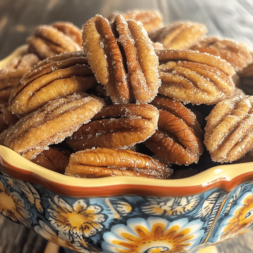 - 2 cups pecan halves - 1/2 cup granulated sugar - 1 tablespoon ground cinnamon - 1/4 teaspoon salt - 1/4 cup unsalted butter, melted - 1 teaspoon vanilla extract Pecans serve as a nutrient-dense base for our snack. They are rich in healthy fats, protein, and fiber. This makes them a great choice for both taste and nutrition. Sugar and cinnamon play a big role in flavor. Sugar adds sweetness, while cinnamon gives warmth and spice. Together, they create a lovely crunch that keeps you coming back for more. Using unsalted butter allows you to control the saltiness. This keeps the sweet and spicy notes in balance. If you use salted butter, it might overpower the other flavors. Always choose unsalted for the best taste in this recipe. First, preheat your oven to 350°F (175°C). This step is key for even cooking. Next, line a baking sheet with parchment paper. This will help prevent sticking and make cleanup easy. In a mixing bowl, combine the granulated sugar, ground cinnamon, and salt. Mix these dry ingredients well. Make sure the cinnamon spreads evenly. This ensures each pecan gets great flavor. Now, melt the unsalted butter. You can do this in the microwave or on the stovetop. Once melted, stir in the vanilla extract. This adds a lovely depth to the flavor. Add the pecan halves to the melted butter. Toss them well to coat each pecan evenly. Then, pour the cinnamon-sugar mixture over the pecans. Toss again to coat all the nuts in the sweet, spiced mix. Spread the coated pecans in a single layer on the prepared baking sheet. This helps them bake evenly. Bake in the preheated oven for 15-20 minutes. Stir the pecans halfway through. This helps them cook evenly and prevents burning. Keep a close eye on them. You want them to turn golden brown and smell amazing. Once done, remove them from the oven and let them cool completely on the baking sheet. As they cool, they will become crisp. Now you can break apart any clusters and enjoy your cinnamon sugar pecans! For the full recipe, check the earlier section. To get that perfect crunch, timing is key. Bake your pecans for 15-20 minutes. Stir them halfway through to ensure even cooking. This step helps prevent burning while giving them a nice golden color. After you take them out of the oven, let them cool completely on the baking sheet. They will become crisp as they cool down. Skipping this step may leave you with soft pecans instead of crunchy ones. Want to mix things up? You can add other spices too! Try a little nutmeg for warmth or a pinch of cayenne for heat. These spices can give your pecans a new twist. You can also swap pecans for other nuts like walnuts or almonds. Each nut brings its own flavor and crunch, making it fun to experiment. When it’s time to serve, presentation matters. Use a nice bowl or a jar to show off your cinnamon sugar pecans. They are great on their own or as a topping. Try them on salads, ice creams, or even breakfast bowls. They add crunch and sweetness to any dish. For a fun touch, pair them with fruits or cheese for a delightful snack. Check out the Full Recipe for more ideas! {{image_2}} You can mix things up with other nuts and spices. Try using almonds, walnuts, or cashews. Each nut brings its own flavor and crunch. For spices, consider adding nutmeg or cayenne pepper. This can give a nice twist to the sweet taste. Adjust the sugar if you want it sweeter or spicier. Start with the basic recipe and tweak it to your taste. To make a vegan version, swap butter for coconut oil or vegan butter. Use brown sugar instead of granulated sugar for a richer taste. Maple syrup is also a great option for sweetness. This keeps the flavor while changing the ingredients. Make sure to mix well so every pecan gets coated. Want a savory twist? Add some herbs like rosemary or thyme. A pinch of garlic powder can also bring a unique flavor. You can even use seeds like pumpkin or sunflower for added crunch. These changes let you explore new flavors. Don't be afraid to experiment with different nuts and spices to find your favorite mix. To keep your cinnamon sugar pecans fresh, use an airtight container. Glass jars or plastic containers work well. Make sure they are completely cool before sealing. This helps to lock in their crunchiness. Store them in a cool, dry place like a pantry. They will stay fresh for about two weeks. For the best taste, enjoy them within the first week. You can freeze your cooked pecans for later use. To do this, let them cool completely first. Spread them on a baking sheet in a single layer. Place the sheet in the freezer for about 1-2 hours until they are firm. Then, transfer them to a freezer-safe bag or container. This keeps them from sticking together. They can stay in the freezer for up to three months. When you are ready to use them, take out only what you need. Thaw them in the fridge overnight or at room temperature for a few hours. If you want to enjoy the crunch again, reheat them. Just spread them out on a baking sheet and bake at 350°F (175°C) for about 5-10 minutes. This will bring back their warmth and crispiness. To make cinnamon sugar pecans from scratch, follow these simple steps: 1. Preheat your oven to 350°F (175°C). 2. Mix sugar, cinnamon, and salt in a bowl. 3. Melt butter and stir in vanilla. 4. Coat pecans in the melted butter. 5. Toss pecans in the sugar mix until covered. 6. Spread pecans on a baking sheet. 7. Bake for 15-20 minutes, stirring halfway. 8. Let cool completely for crispness. This process is easy and quick. You will have a tasty snack in no time! You can find cinnamon sugar pecans at many local stores. Look in the snack aisle or the baking section. Many grocery stores also offer them in bulk bins. If you prefer shopping online, you can check popular sites like Amazon or specialty food stores. They often have different brands and sizes available for you. Cinnamon sugar pecans are great for many uses: - Snacks: Enjoy them straight out of the bowl. - Toppings: Add them to salads for a sweet crunch. - Desserts: Sprinkle them on ice cream or yogurt. - Baking: Use them in cookies or cakes for added flavor. These pecans add a delightful twist to many dishes! Yes, you can easily make cinnamon sugar pecans in bulk. Just double or triple the recipe. Store them in an airtight container once they cool. They stay fresh for about two weeks at room temperature. If you want to keep them longer, you can freeze them. Just make sure to use a freezer-safe bag. When you're ready to eat, thaw them at room temperature. For the full recipe, check out the [Full Recipe]. In this post, we explored the joy of making cinnamon sugar pecans. We discussed the key ingredients, their roles, and detailed steps for preparation and baking. You'll achieve a delicious crunch with our tips and tricks. Don’t be afraid to customize flavors or try variations, like a vegan option. Store your pecans well to keep them fresh and consider freezing for later use. Enjoy your tasty snack, whether it’s for baking, topping, or simply munching!