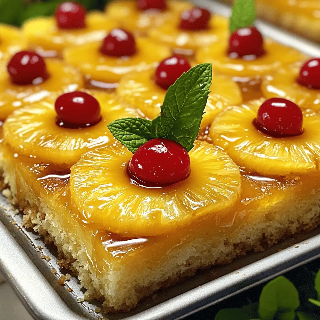 For a delicious pineapple upside-down cake, gather these simple items: - 1 can (20 oz) sliced pineapple in juice, drained - 1/2 cup unsalted butter, melted - 3/4 cup brown sugar - 1 cup all-purpose flour - 1 cup granulated sugar - 1/2 teaspoon baking powder - 1/2 teaspoon baking soda - 1/4 teaspoon salt - 1/2 cup milk - 2 large eggs - 1 teaspoon vanilla extract - Maraschino cherries for garnish